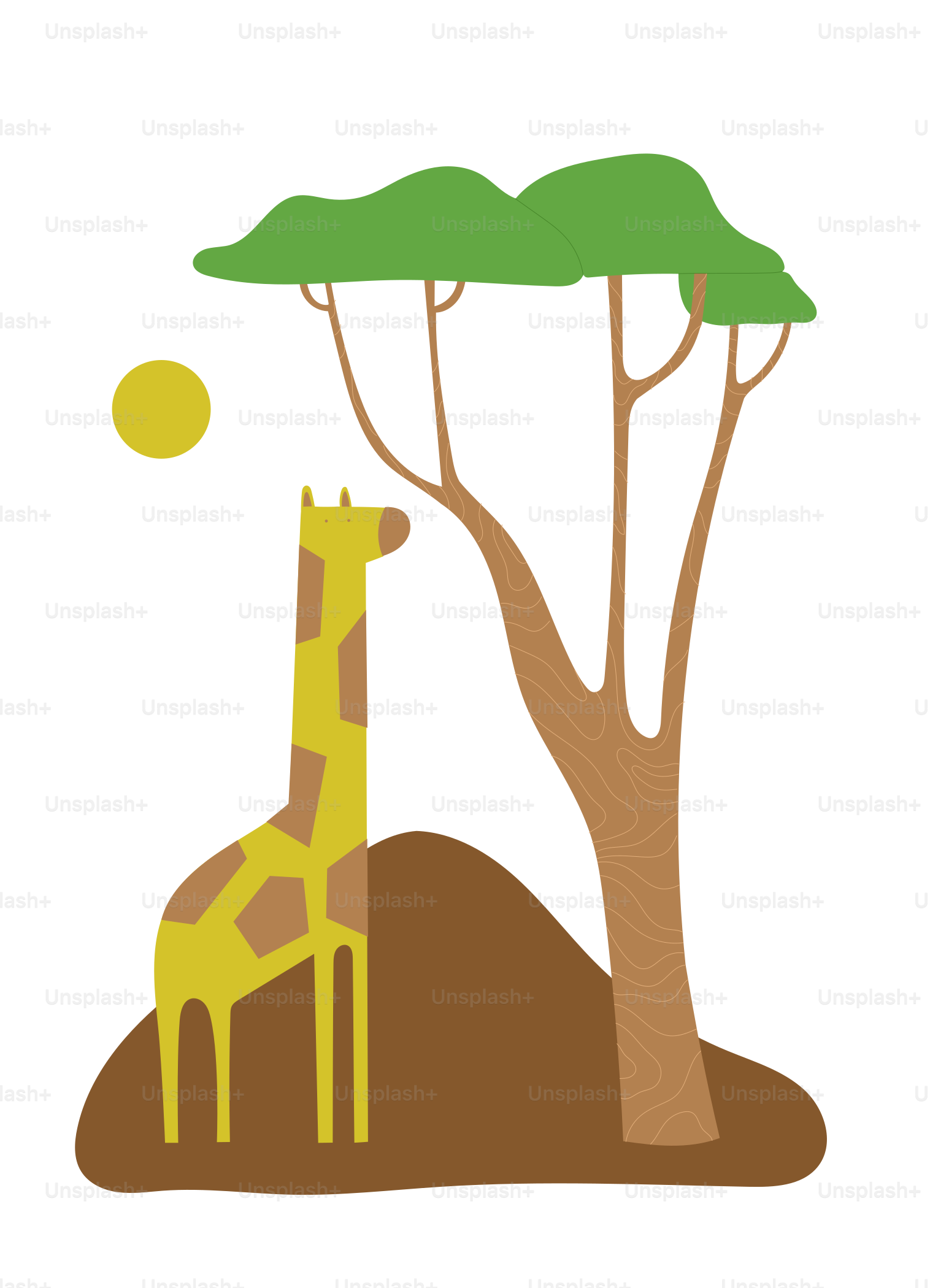 Uma girafa está perto de uma árvore sob um sol amarelo.