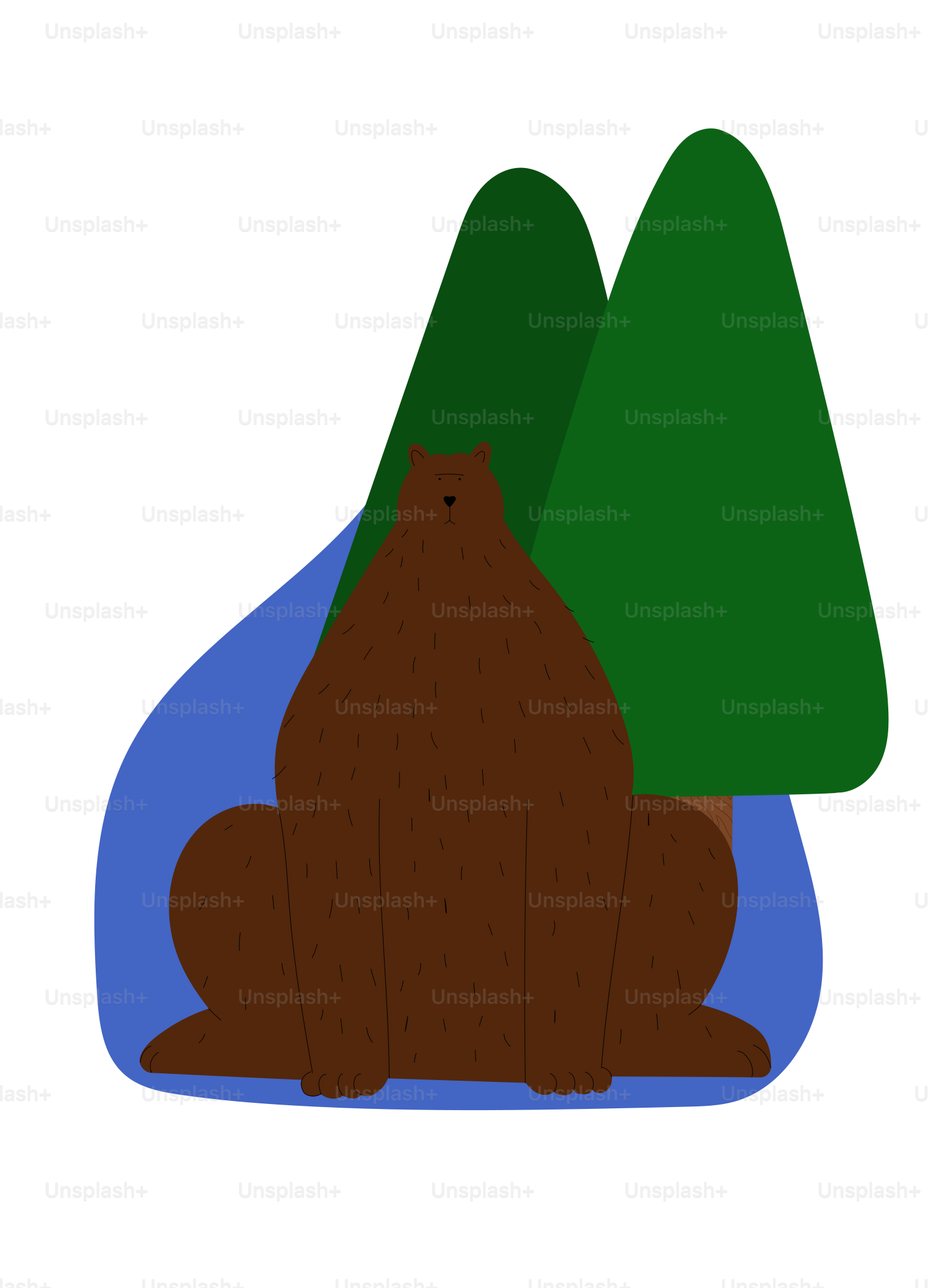 A brown bear sits between two green trees.
