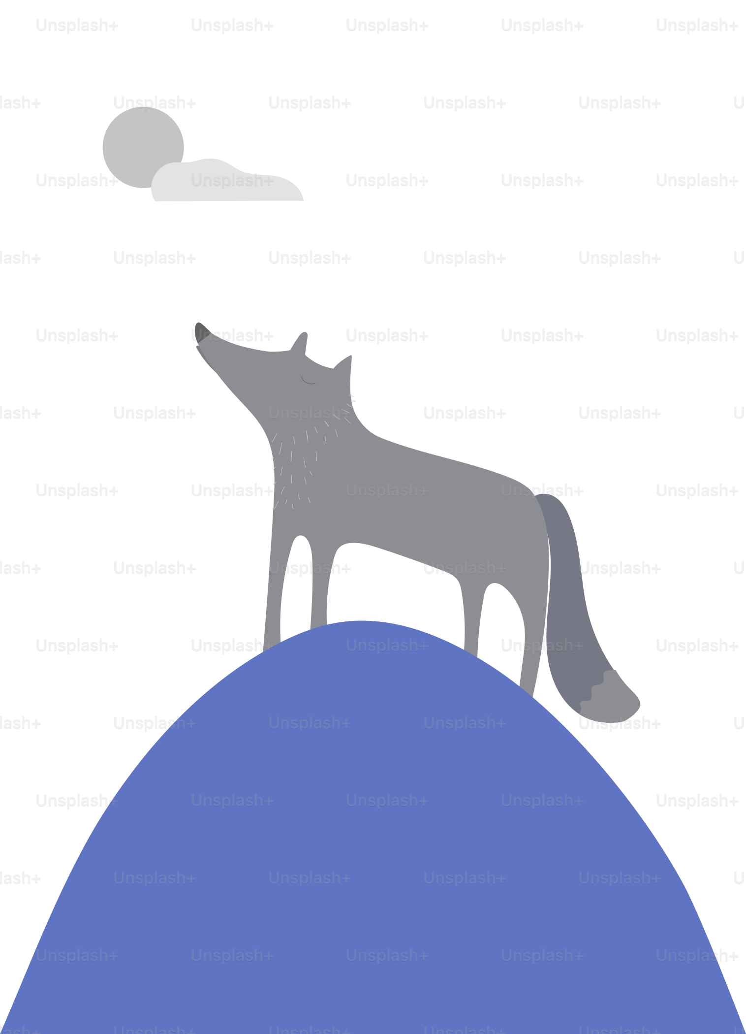 Ein grauer Wolf heult den Mond auf einem Hügel an