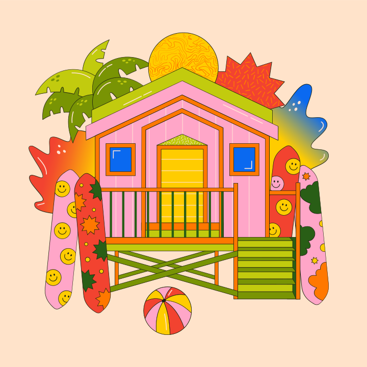 Une maison rose entourée de palmiers et d’un ballon de plage