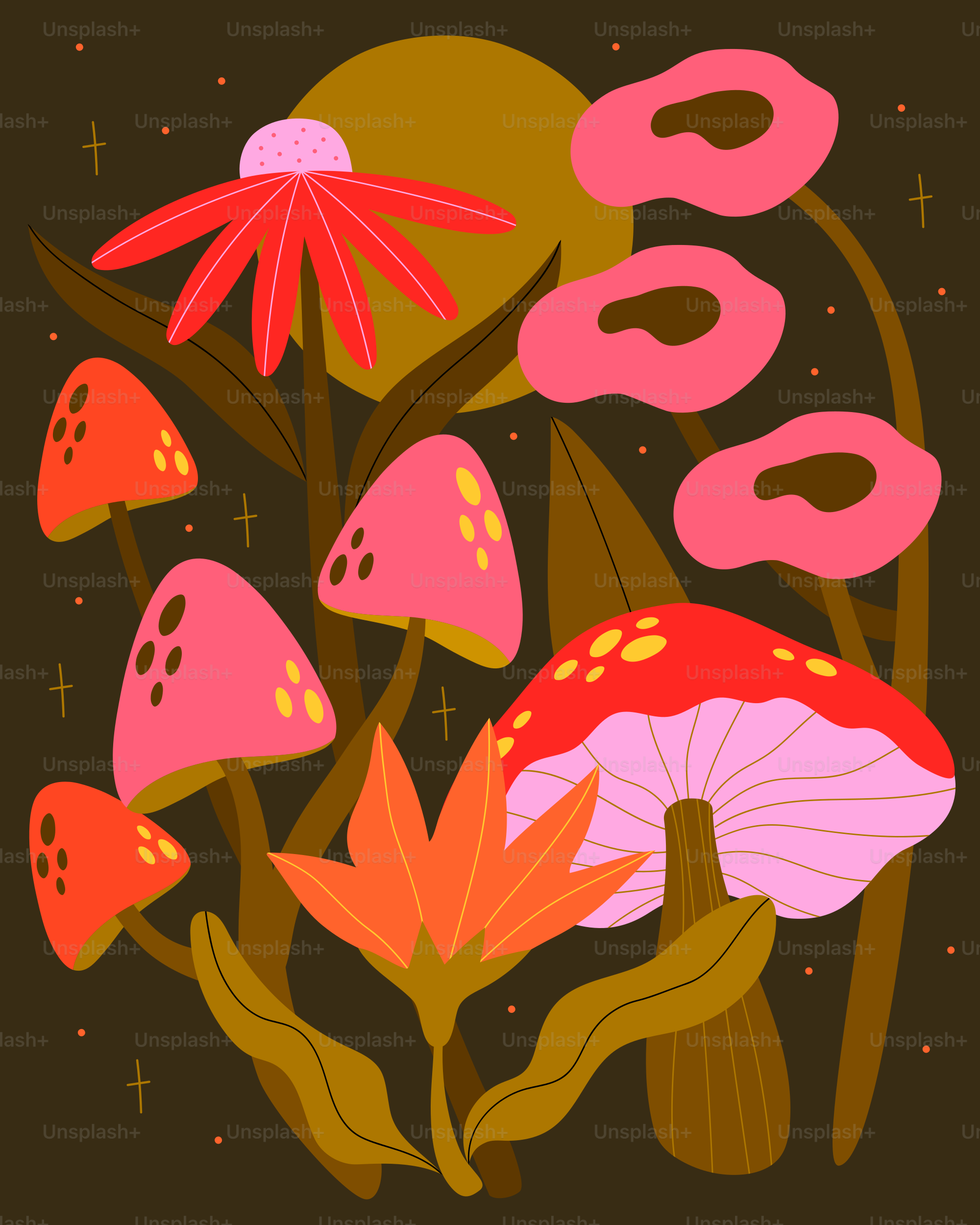 Whimsical mushrooms and flowers under a large moon.