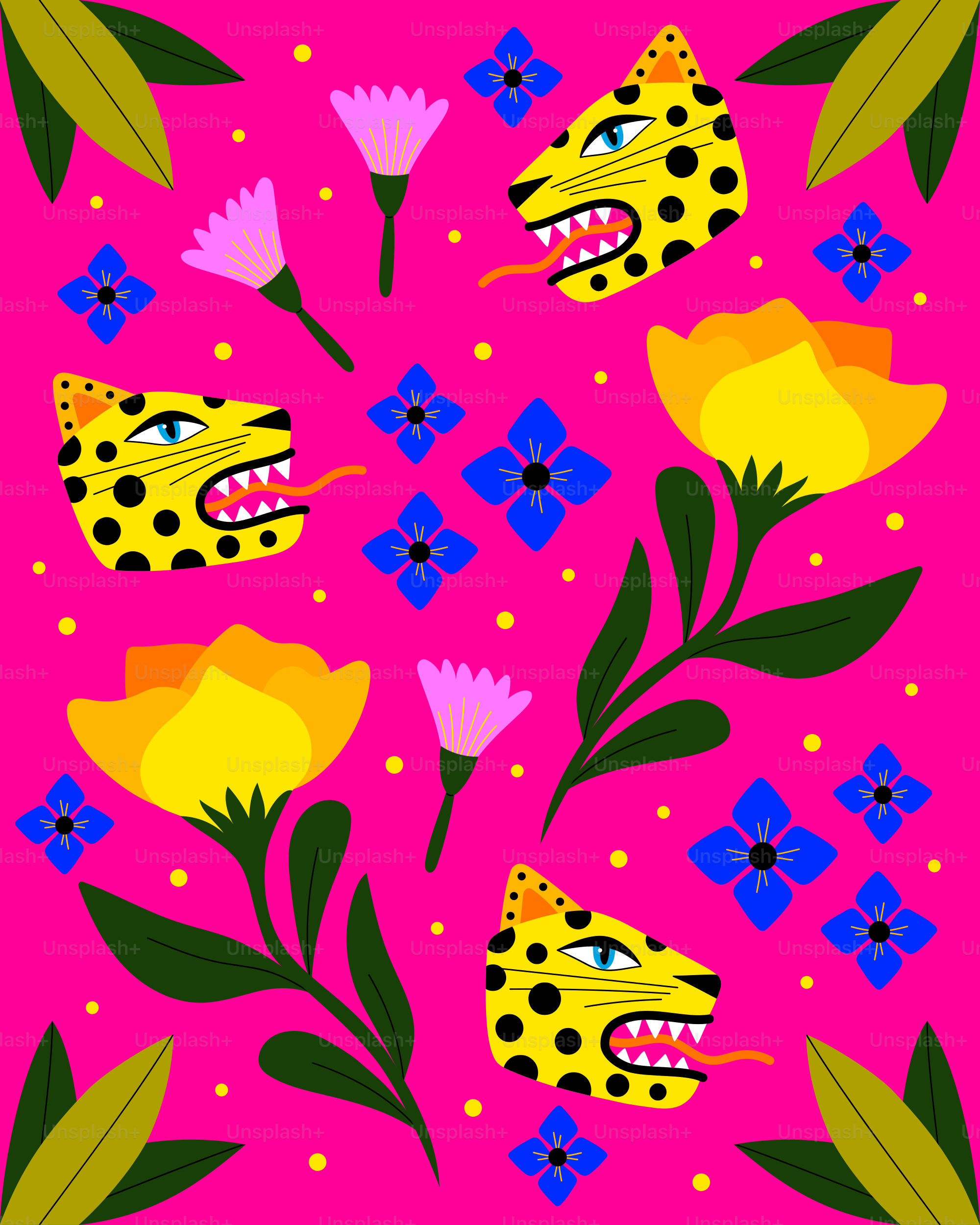 Colorful jaguars and flowers on a pink background