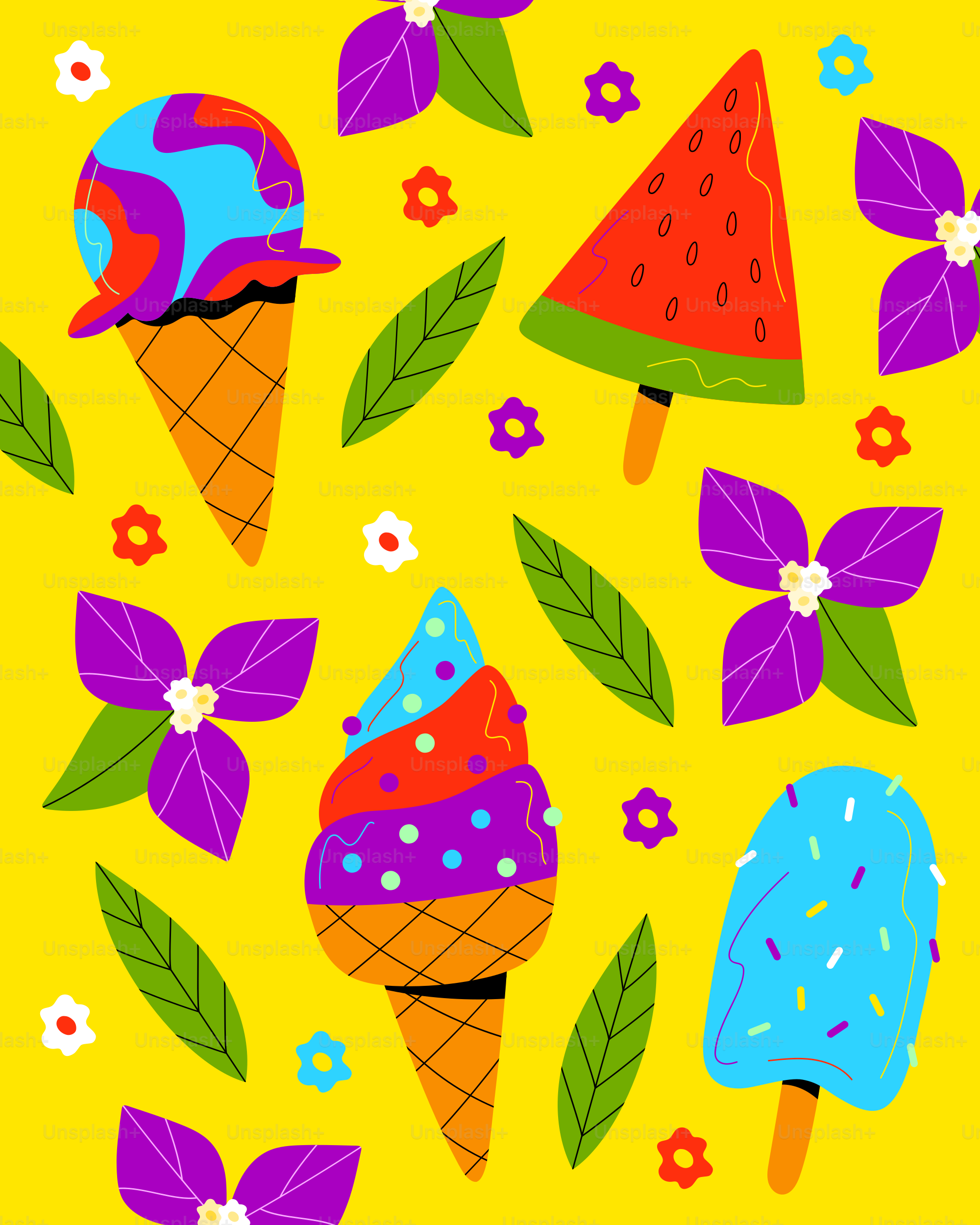 Colorful ice cream cones and popsicles with flowers.