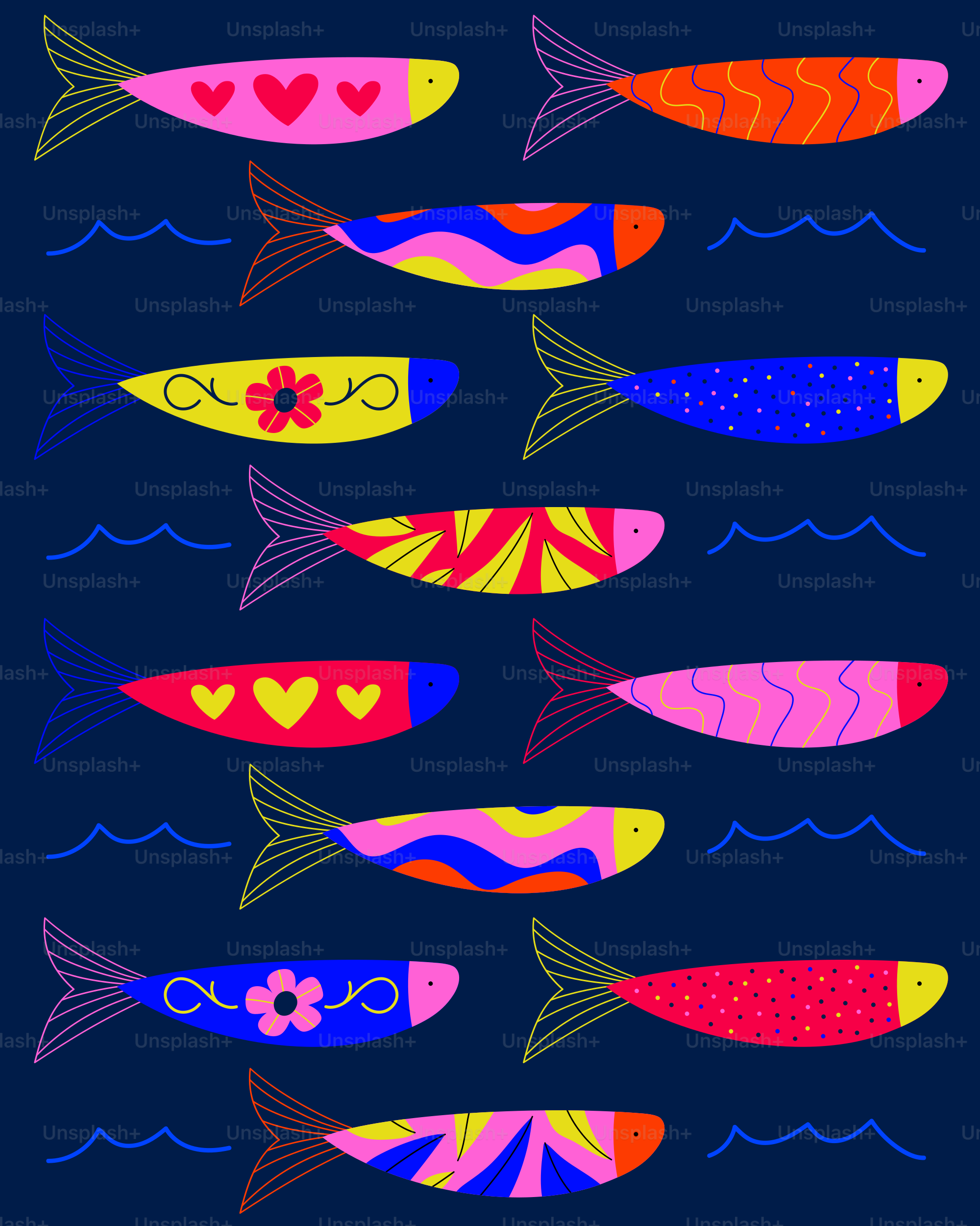 Peces coloridos y con patrones nadando en agua azul oscuro