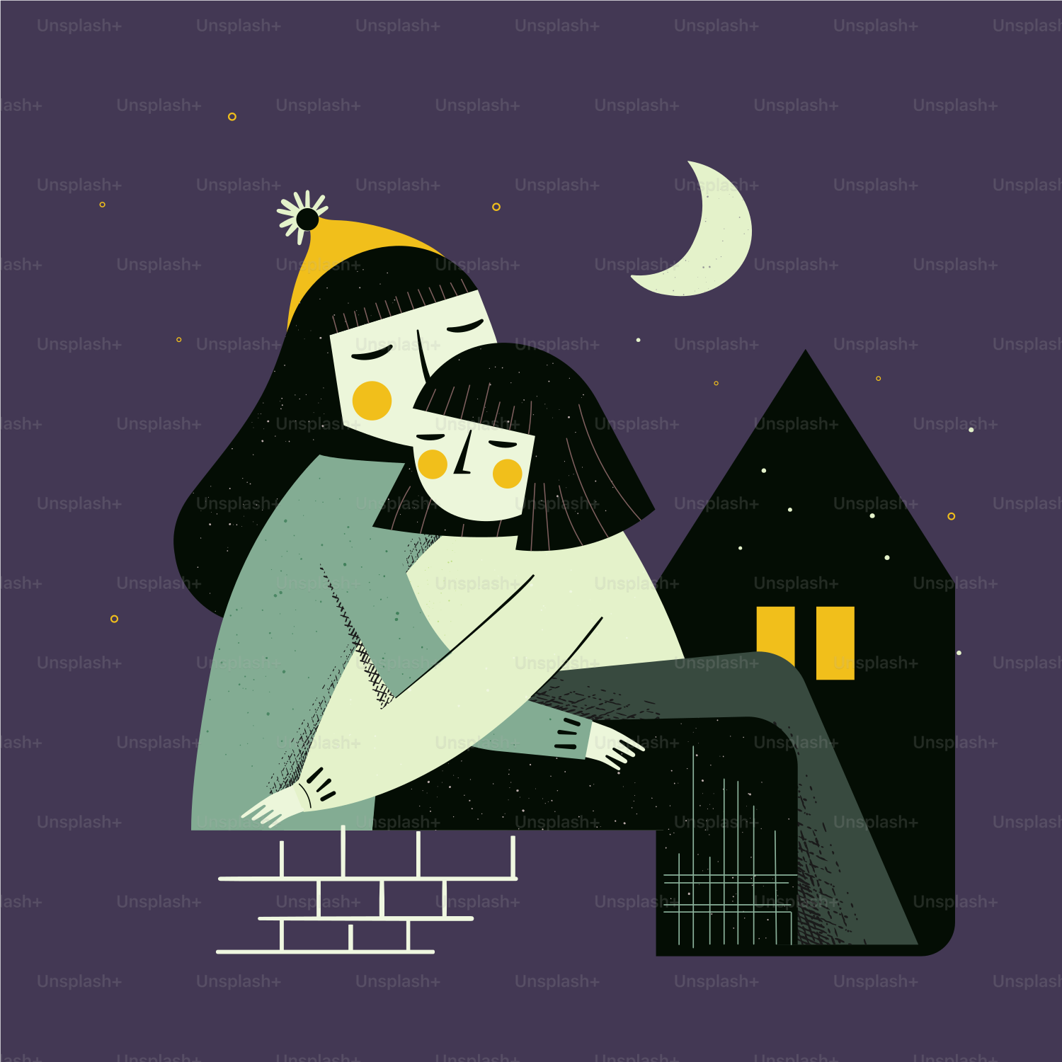 Two people hugging on a rooftop at night.