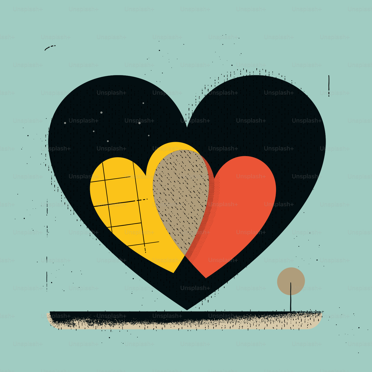 Abstract heart shapes with textured interior elements on blue background.