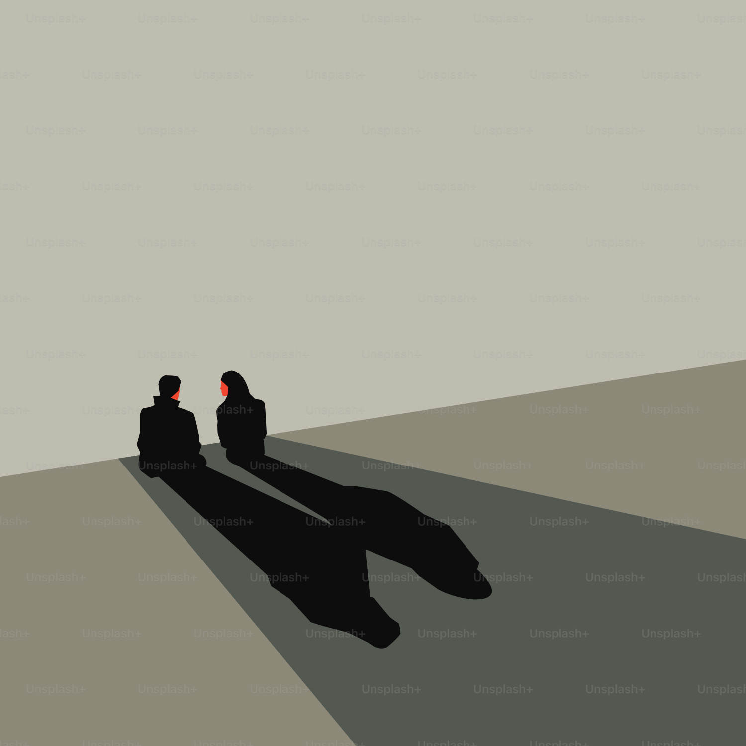 Two figures cast long shadows on a minimalist background