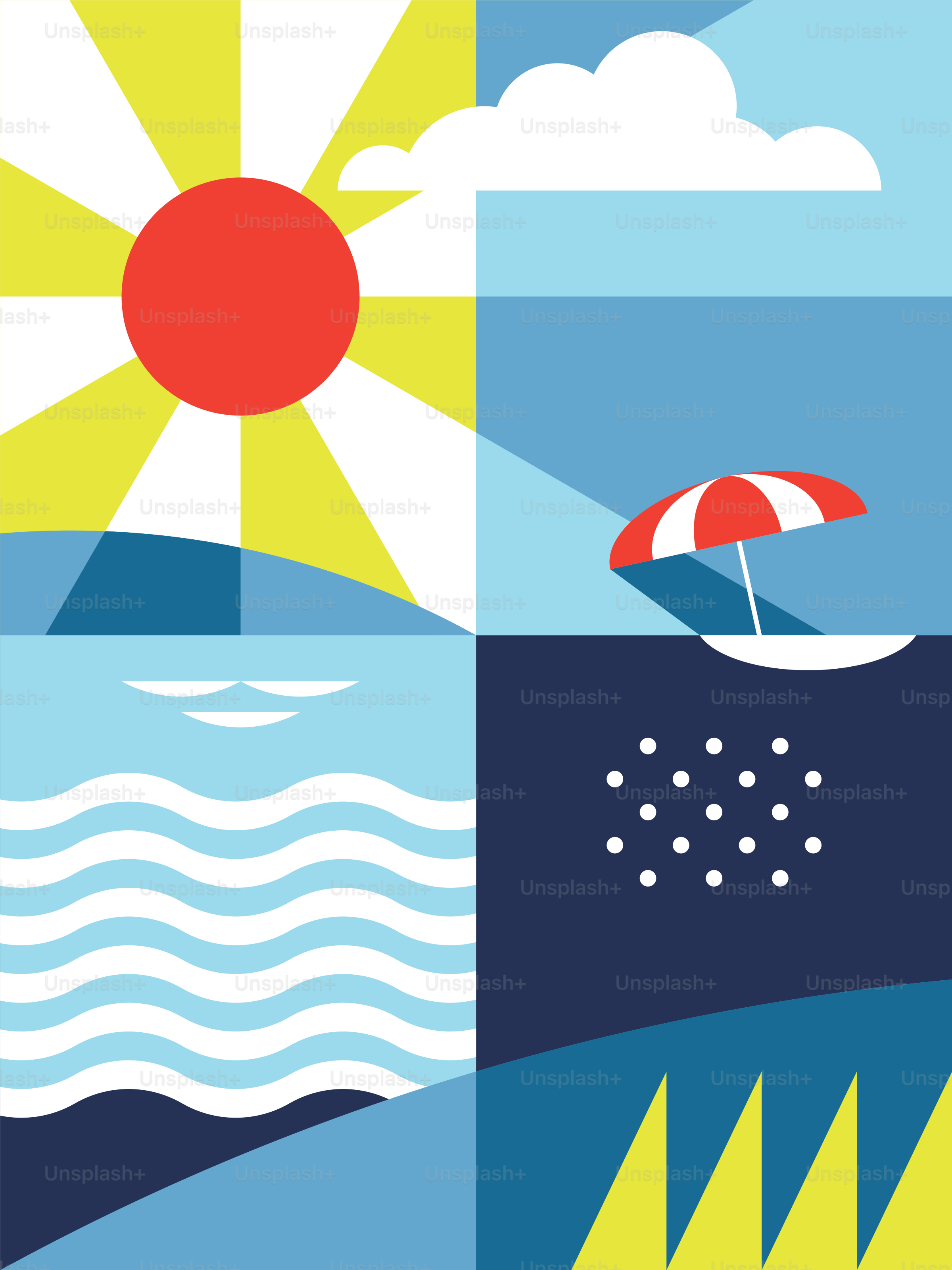 Four seasons weather collage with sun, beach, waves, and snow.