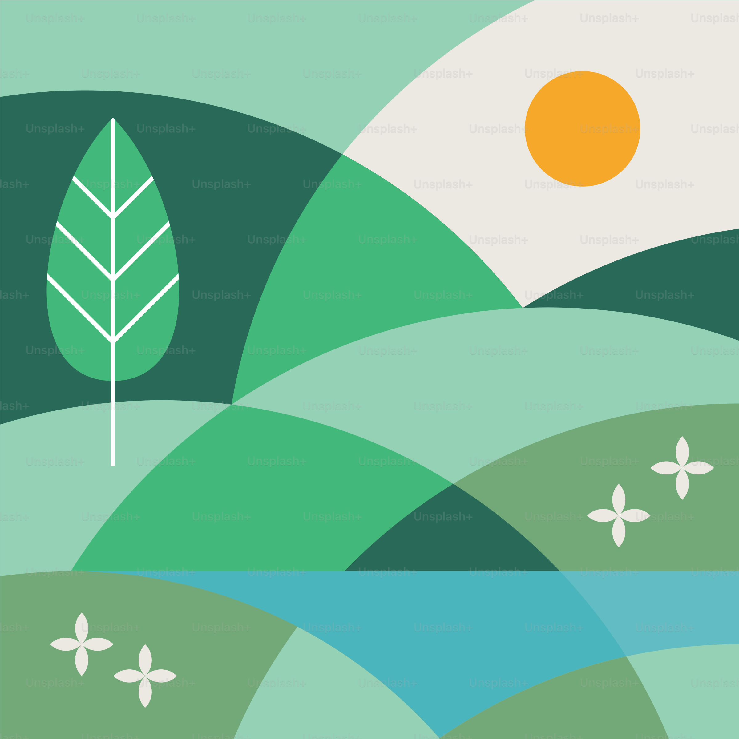 Stylized green landscape with sun and river