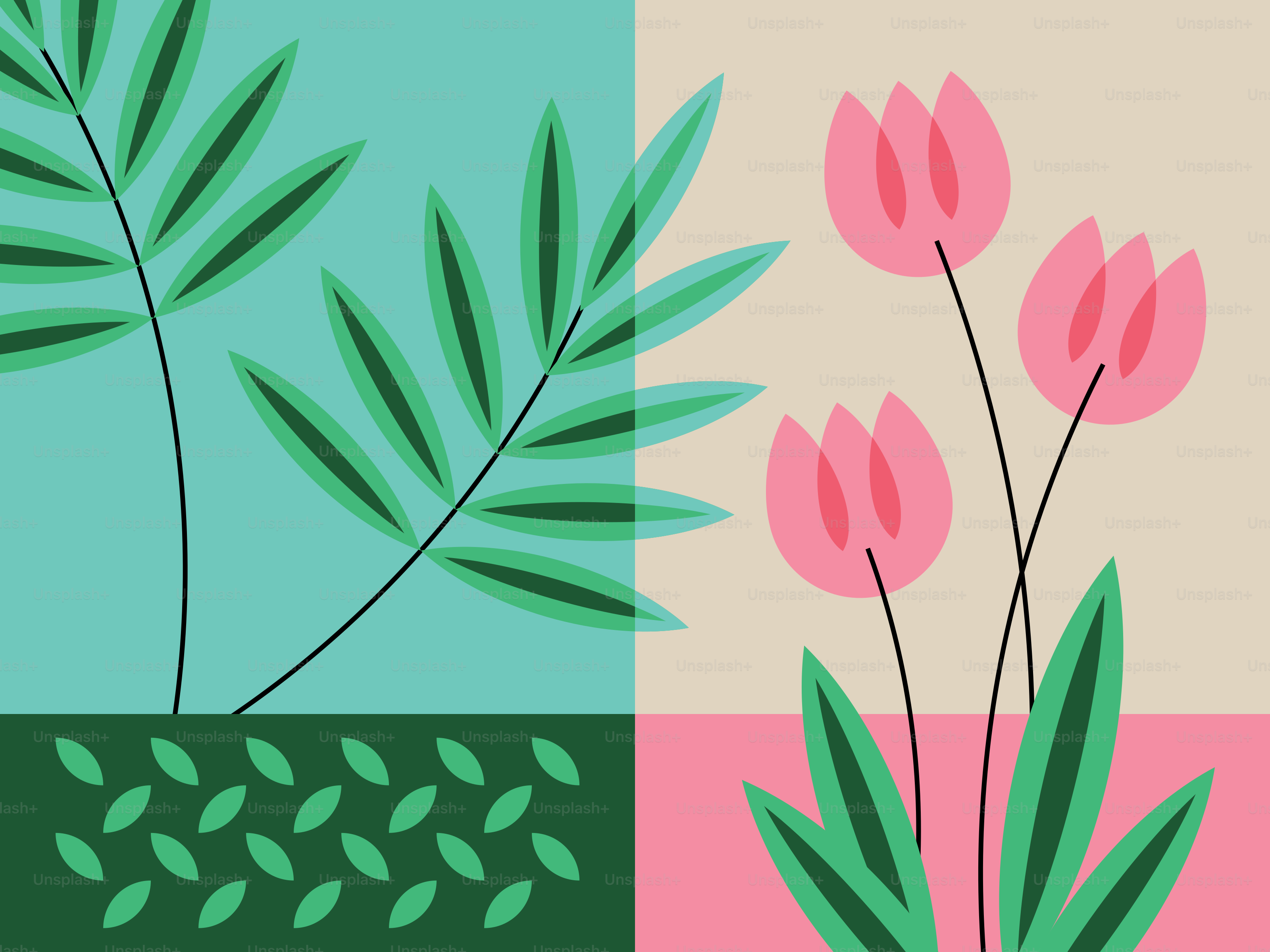 Pink tulips and green leaves on a split background.