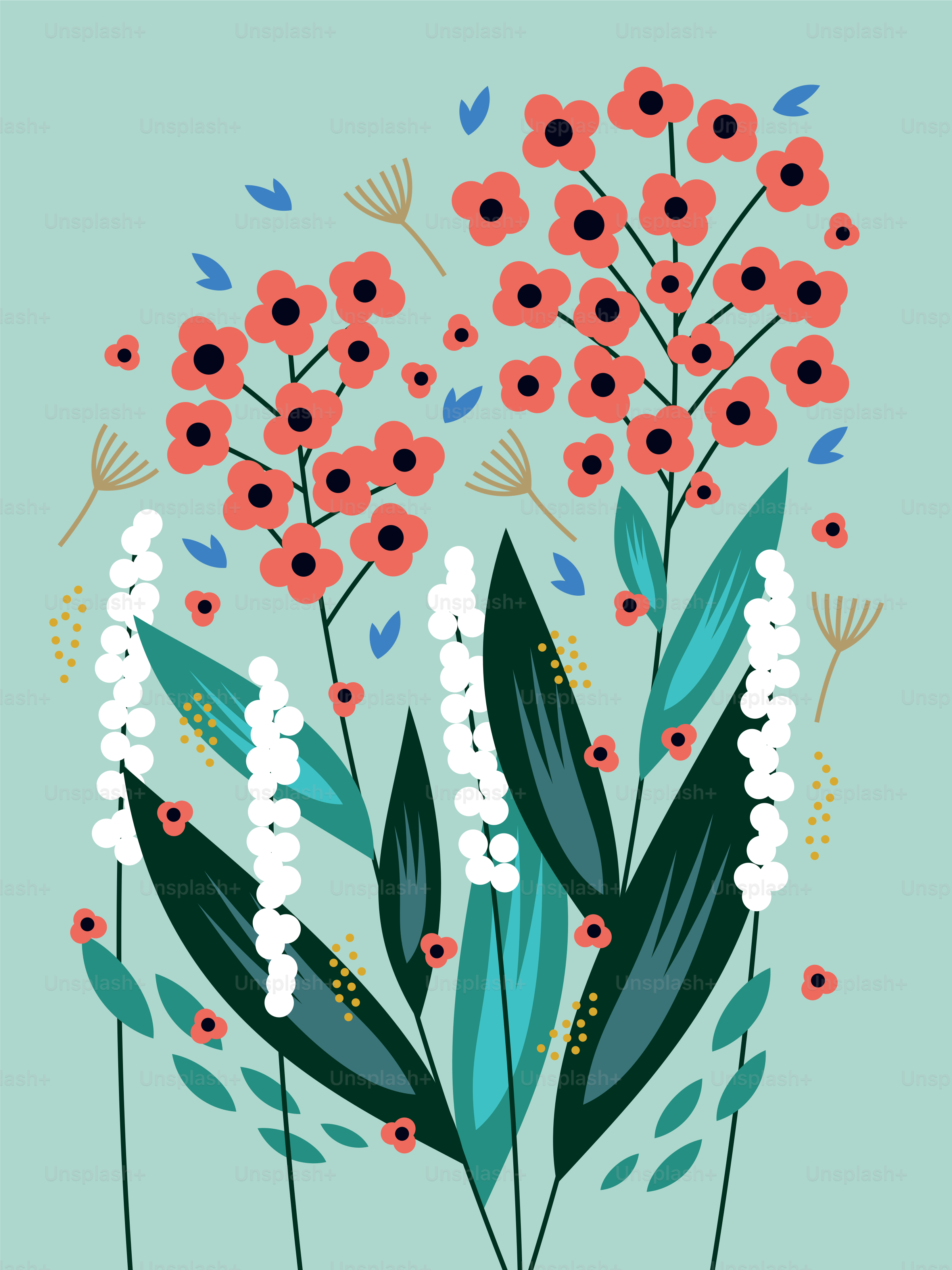 Stylized coral and white flowers with green leaves