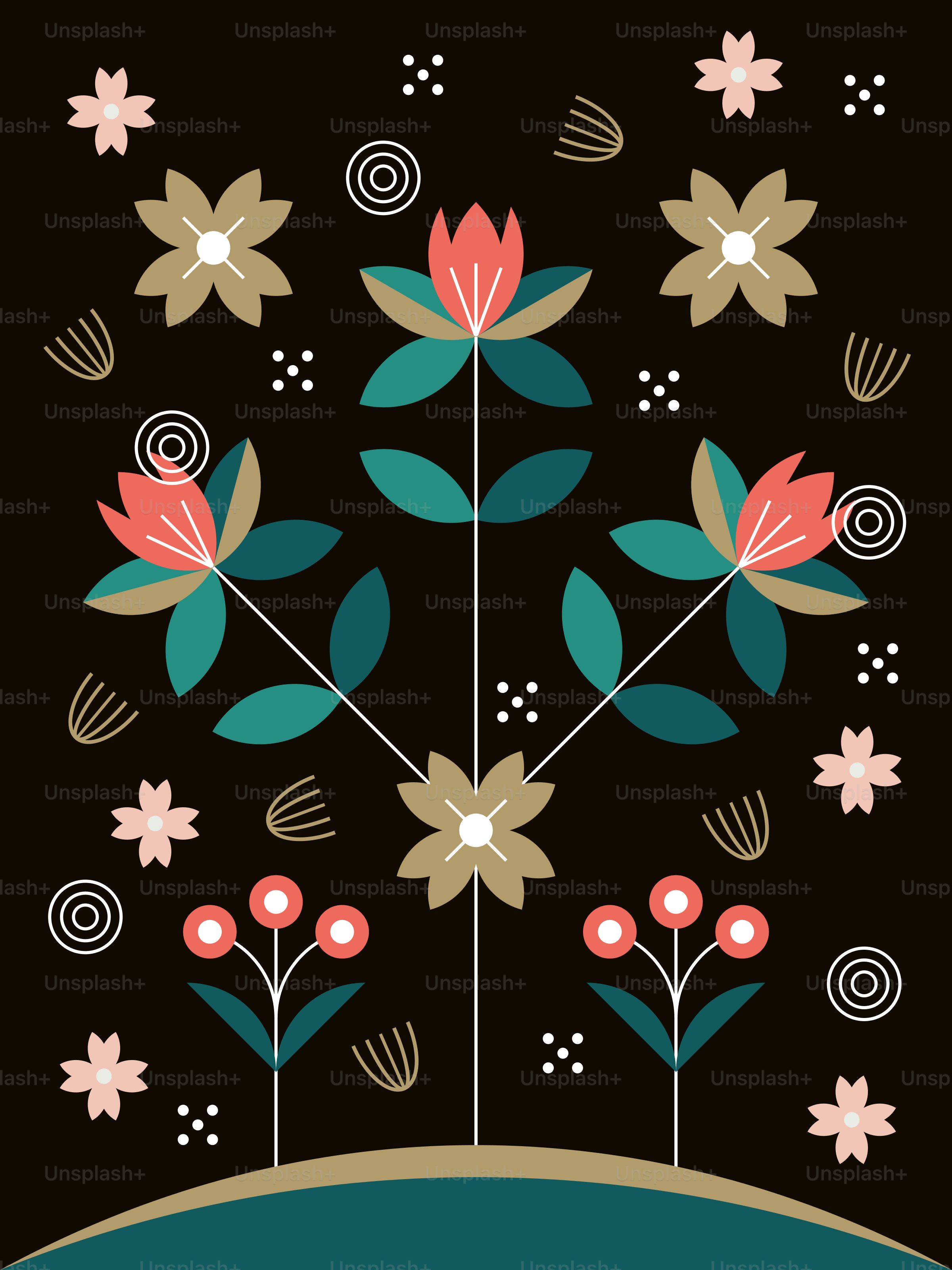 Ein schwarzer Hintergrund mit bunten Blumen und Blättern