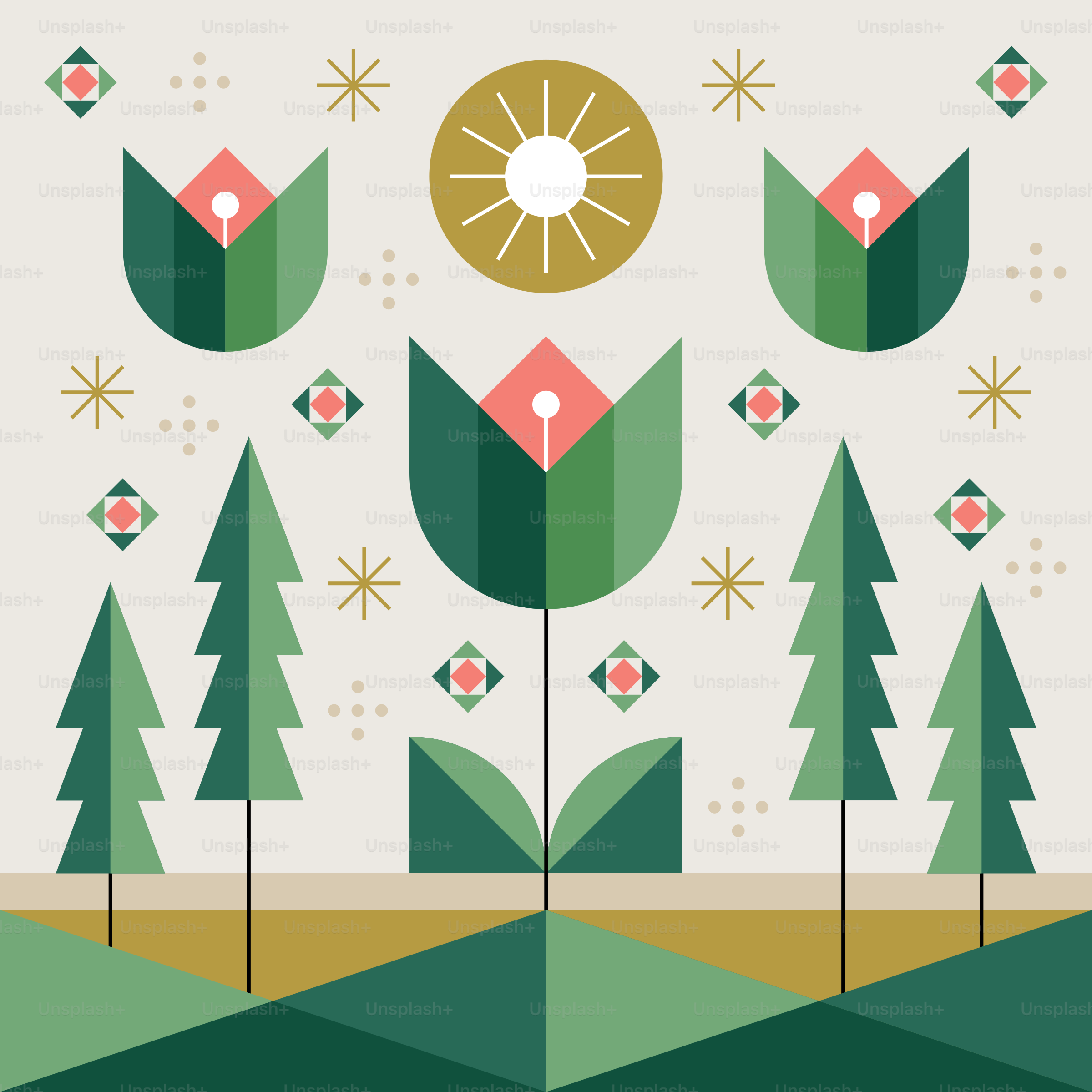 Stylized floral and forest pattern with sun motif