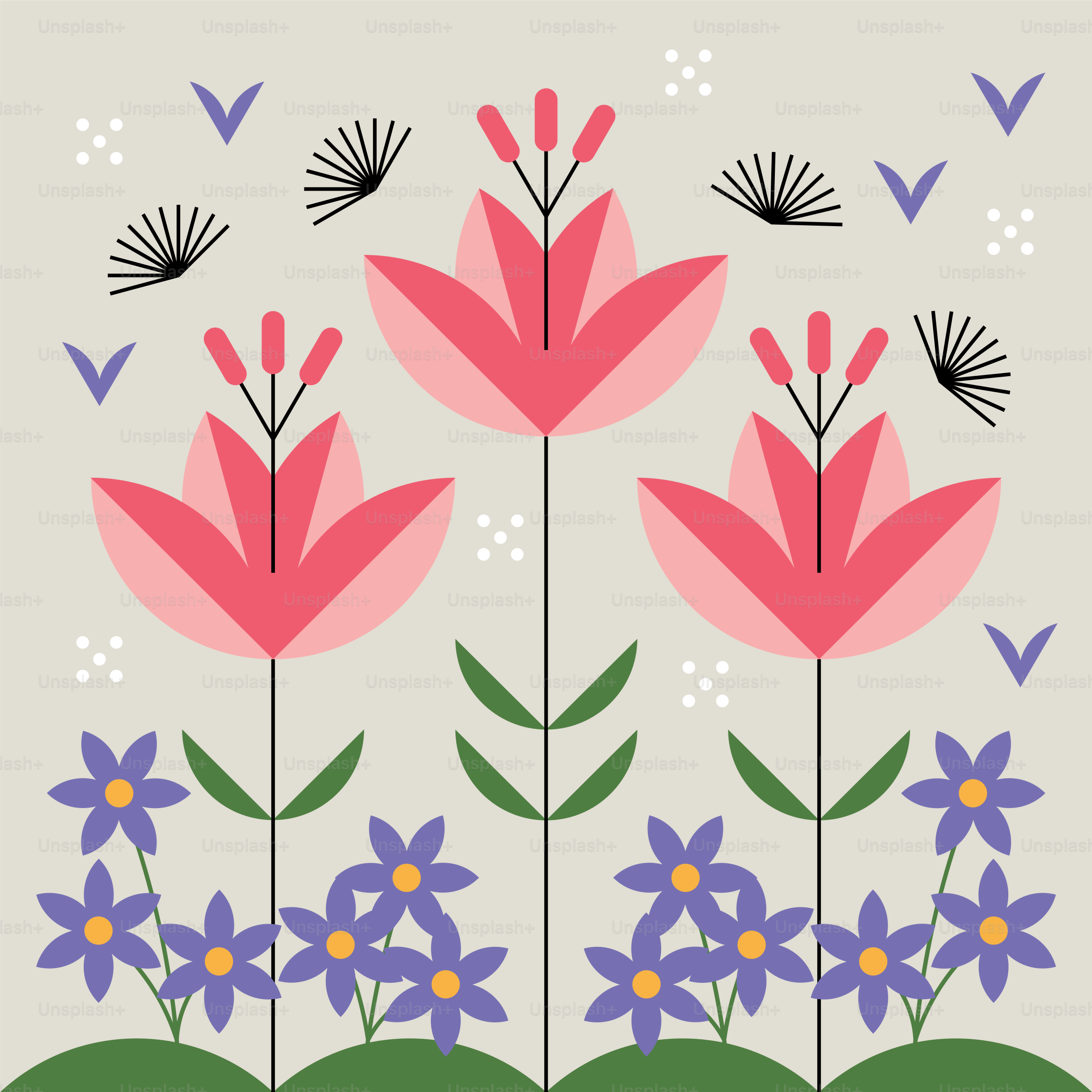 Stylized pink and purple flowers with abstract elements.