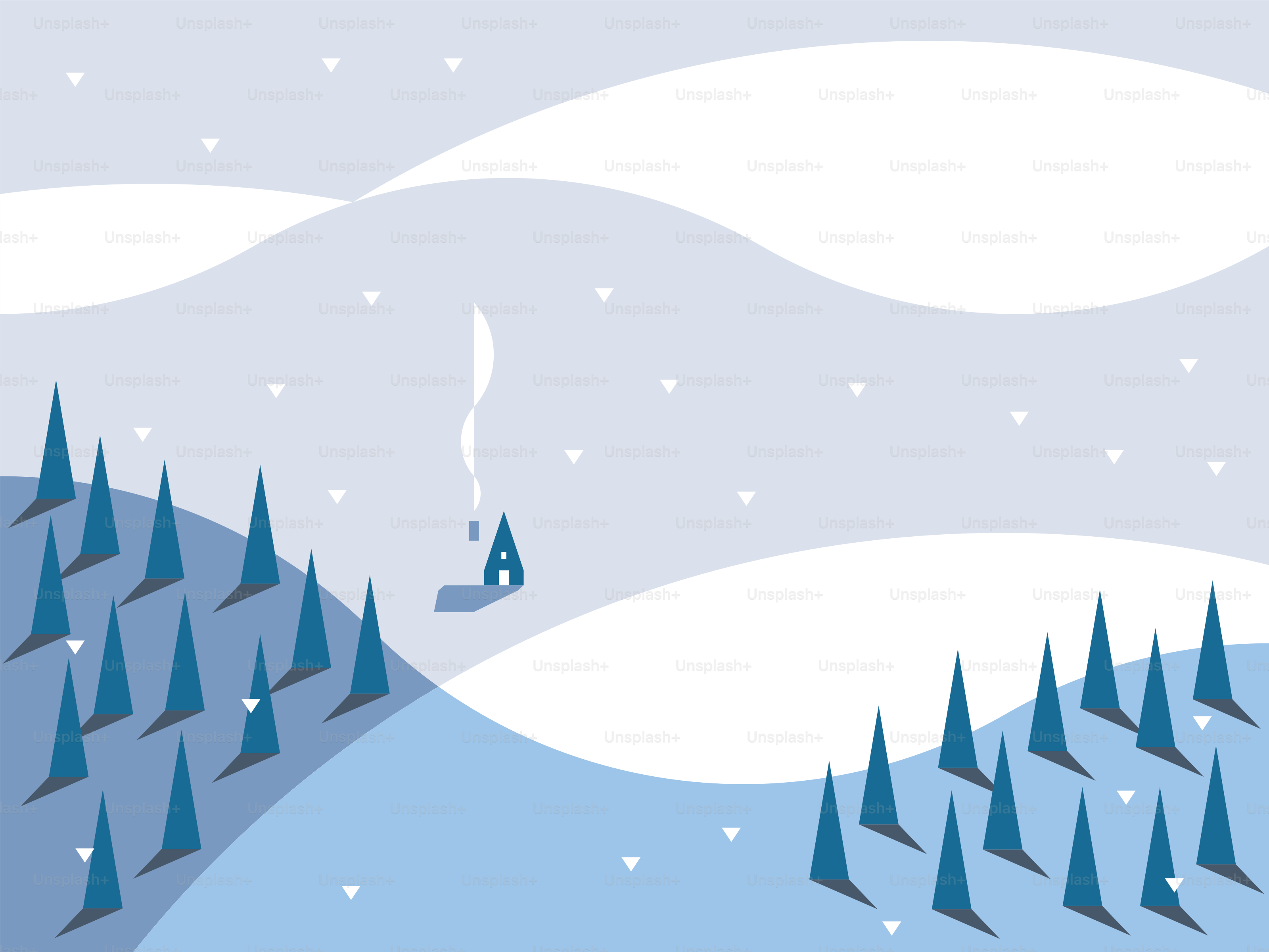 A small house with smoke from chimney in snowy landscape