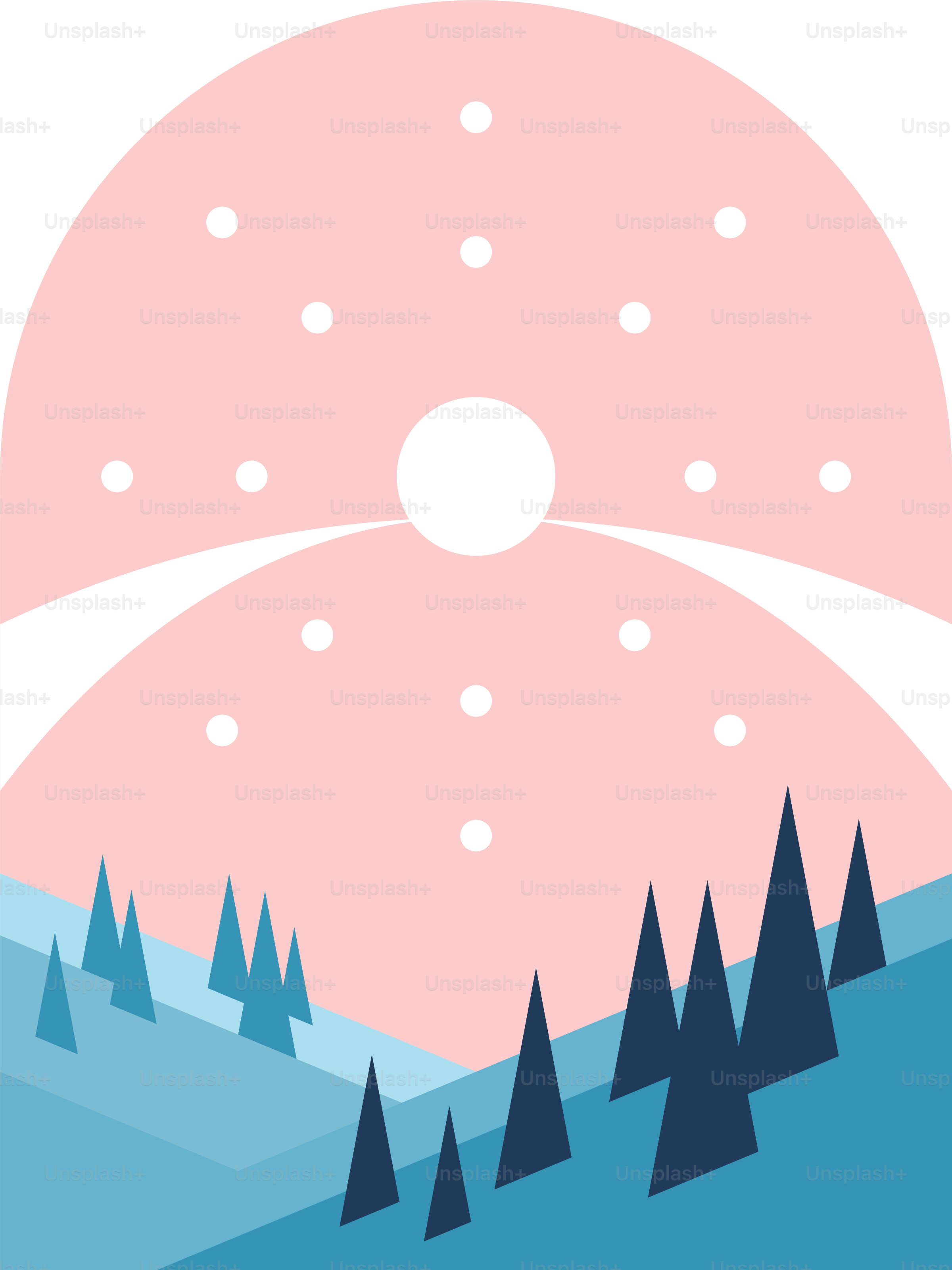 Cielo rosa con neve che cade sulle colline blu