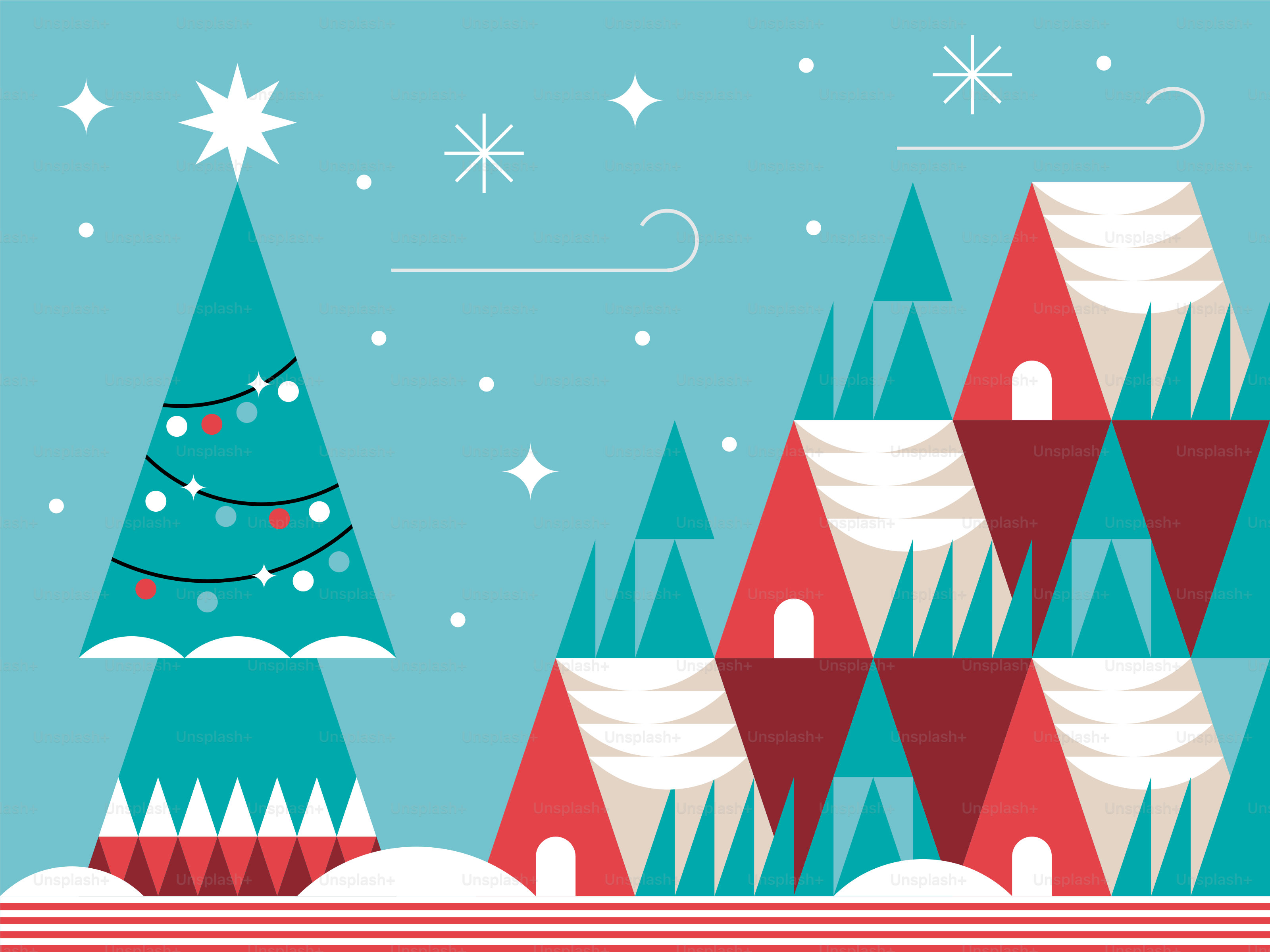 Festive winter village scene with decorated christmas tree