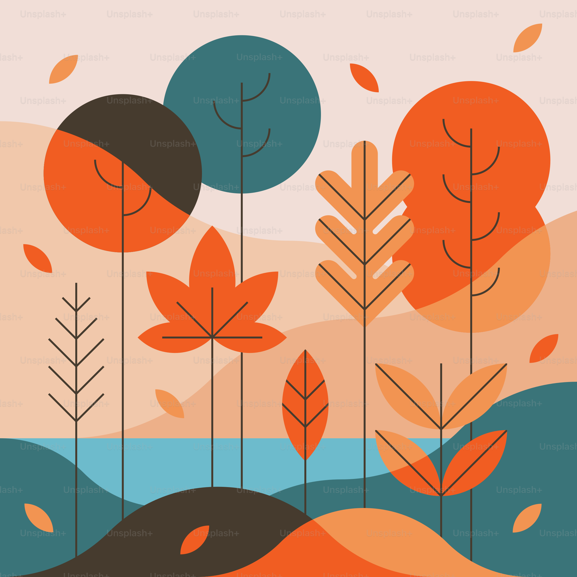 Abstract autumn trees with colorful leaves and water