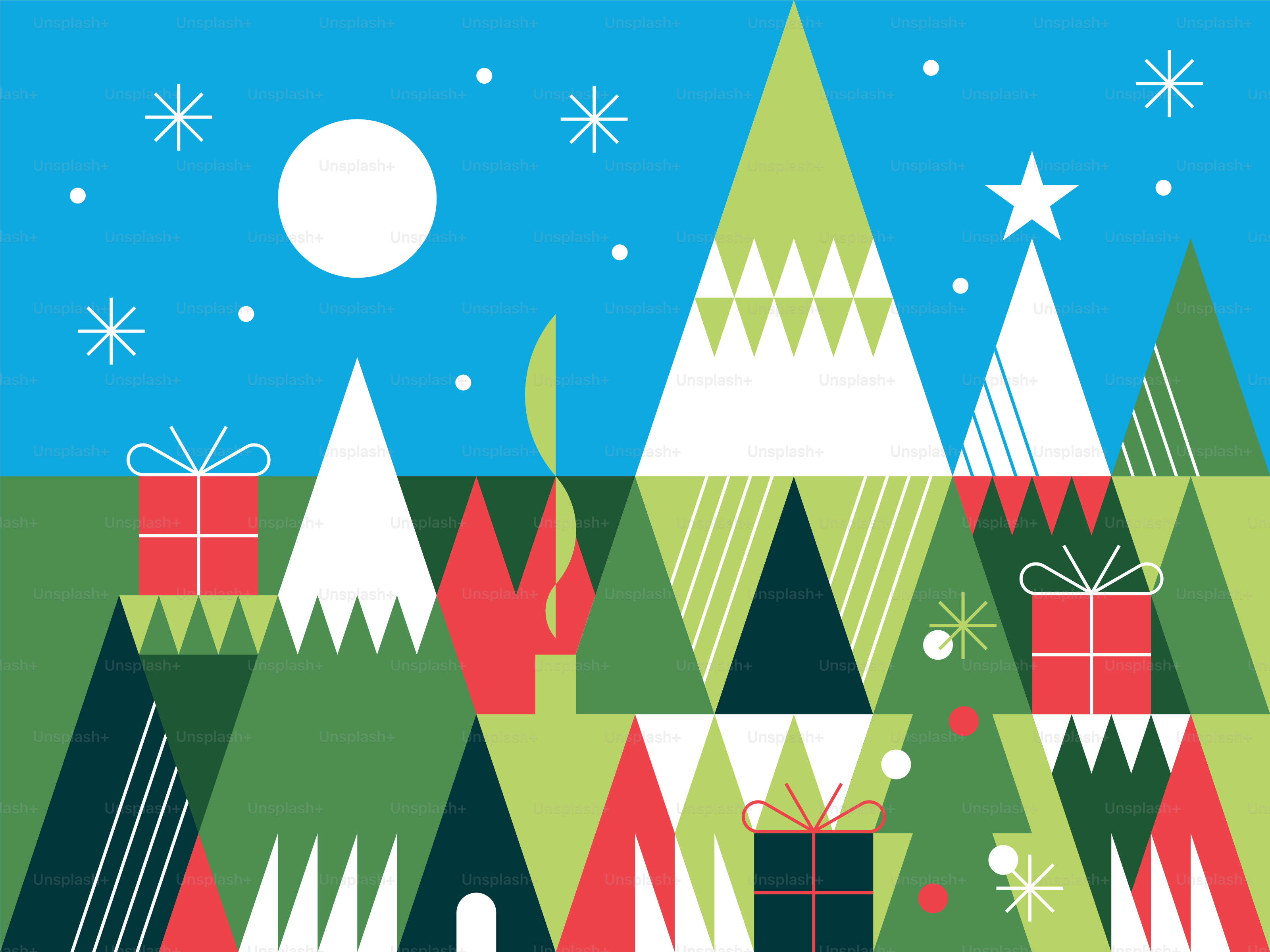 Festive geometric winter scene with gifts and snowflakes