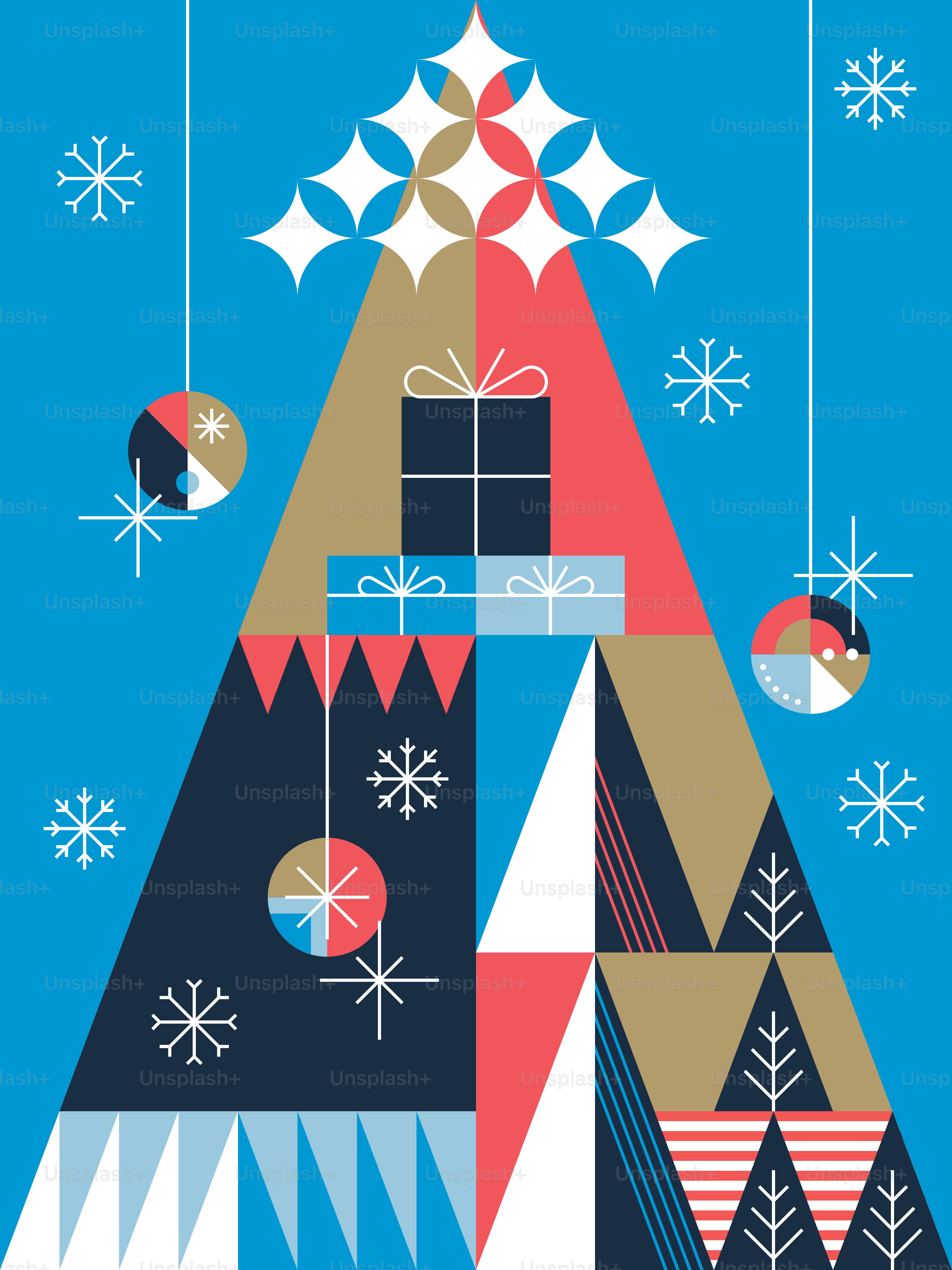 Abstract geometric christmas tree with gifts and ornaments.