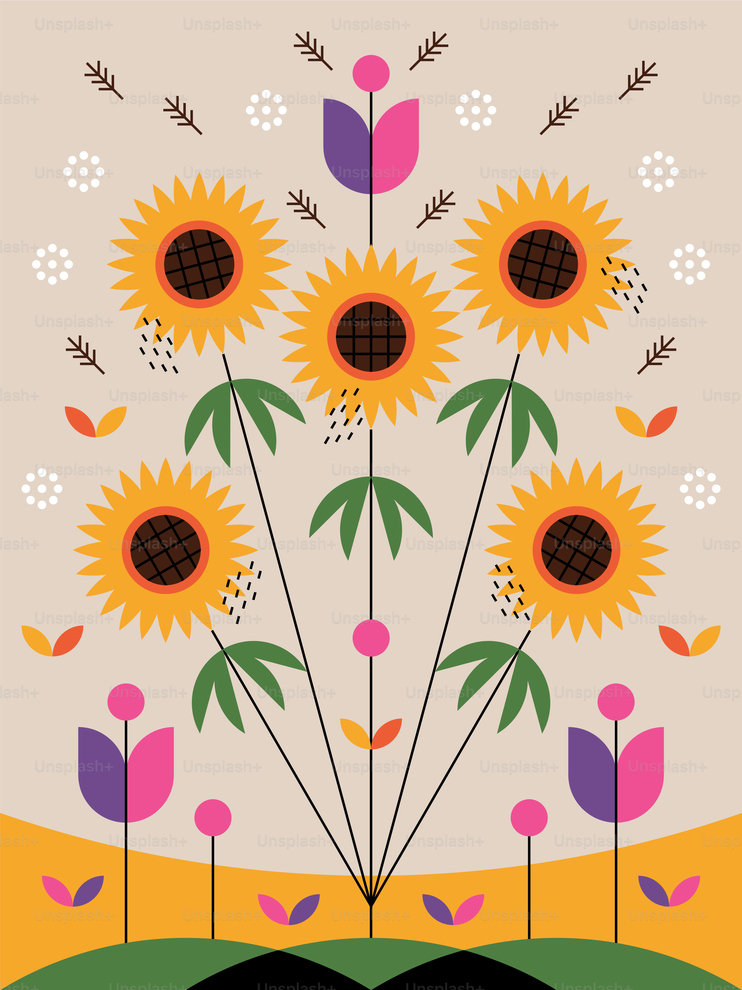 Uma pintura de girassóis em um campo com fundo de céu