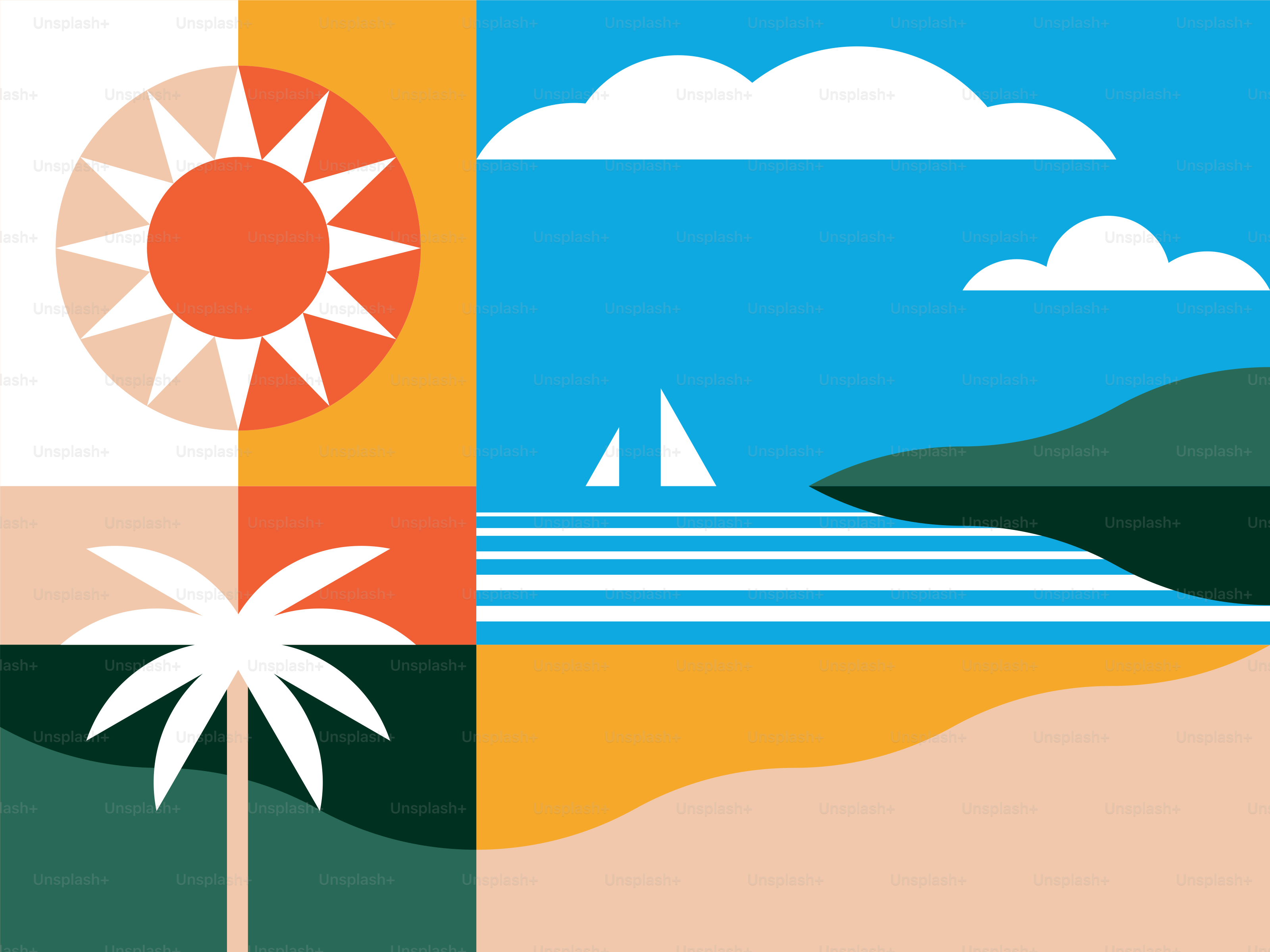 Scène de plage stylisée avec soleil, palmier et voilier.