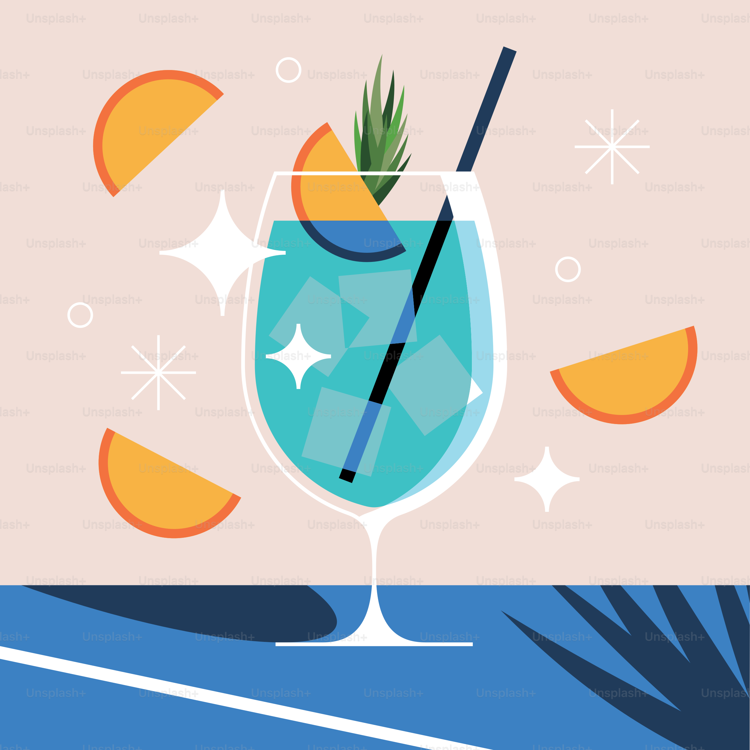 Blue cocktail with orange slices and ice