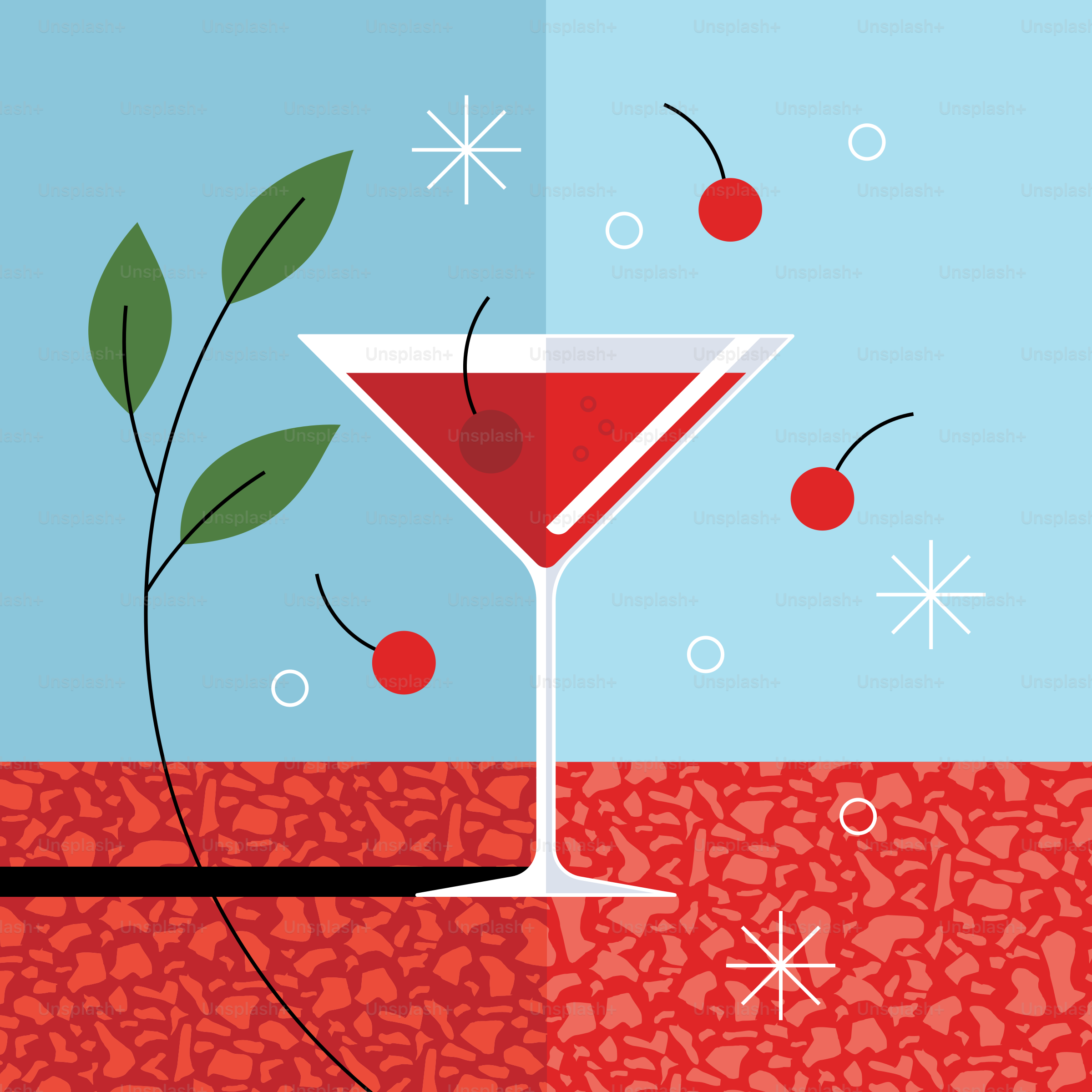 A martini glass with cherries and a plant