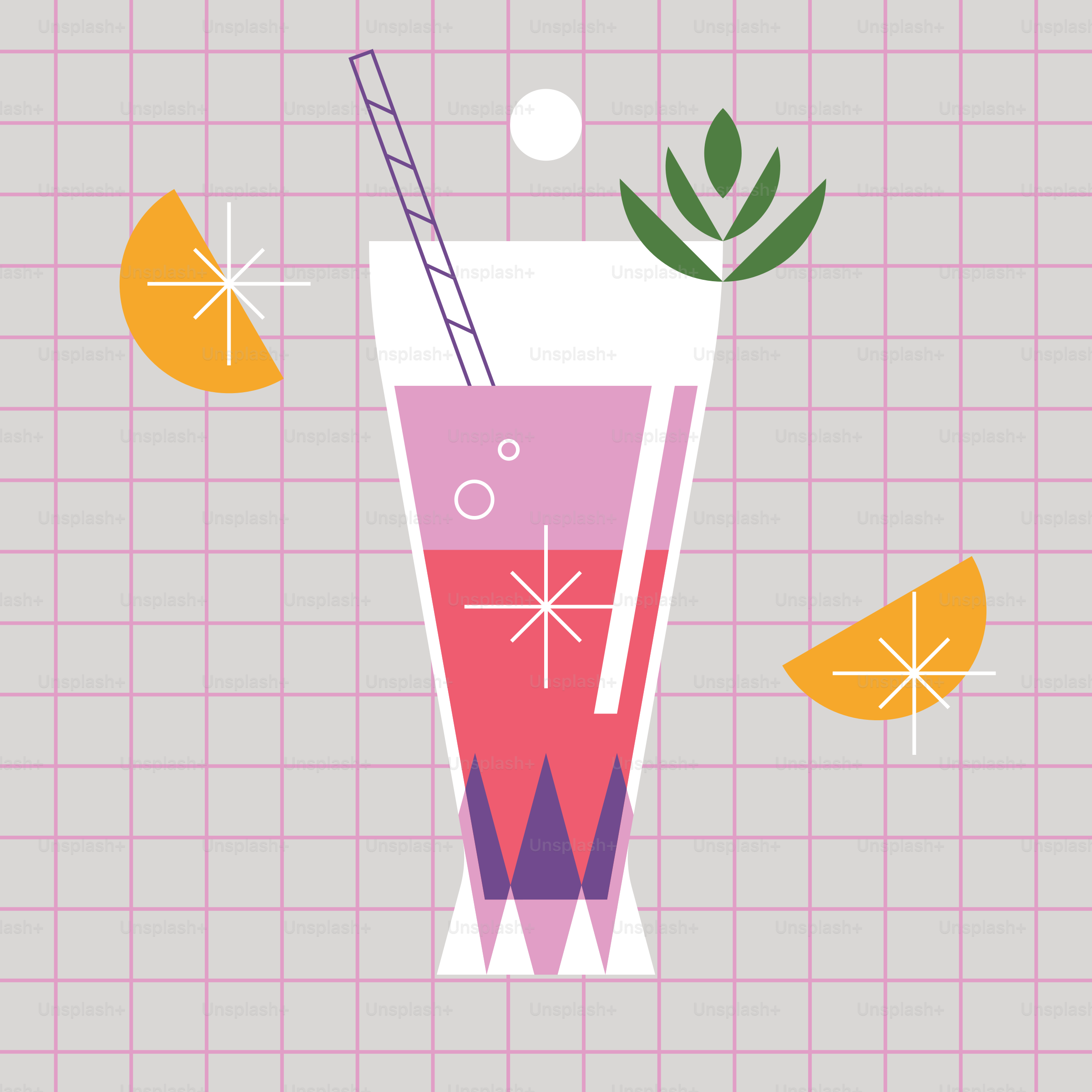 A pink cocktail with orange slices and a straw.