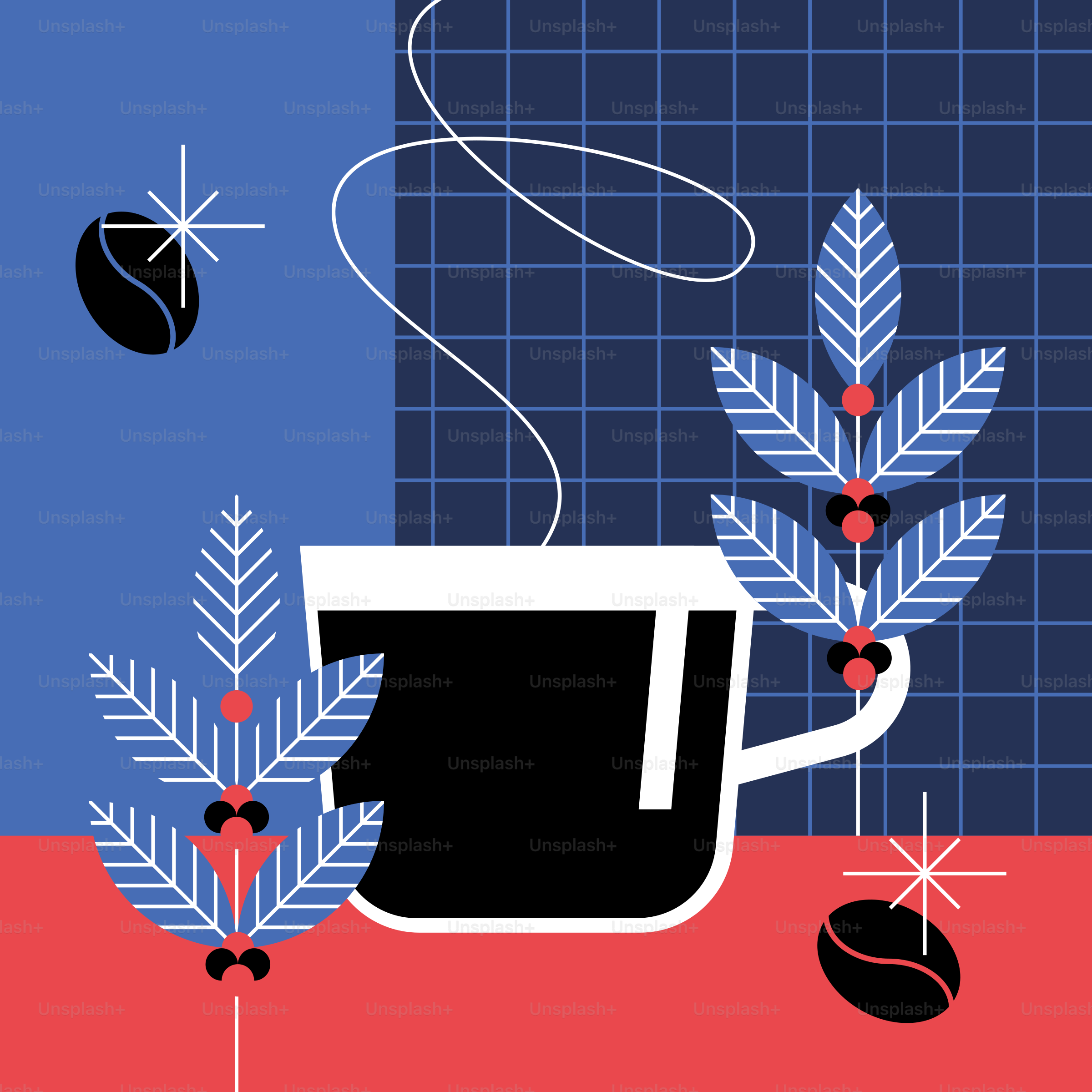 Hot coffee in a white mug with stylized plants