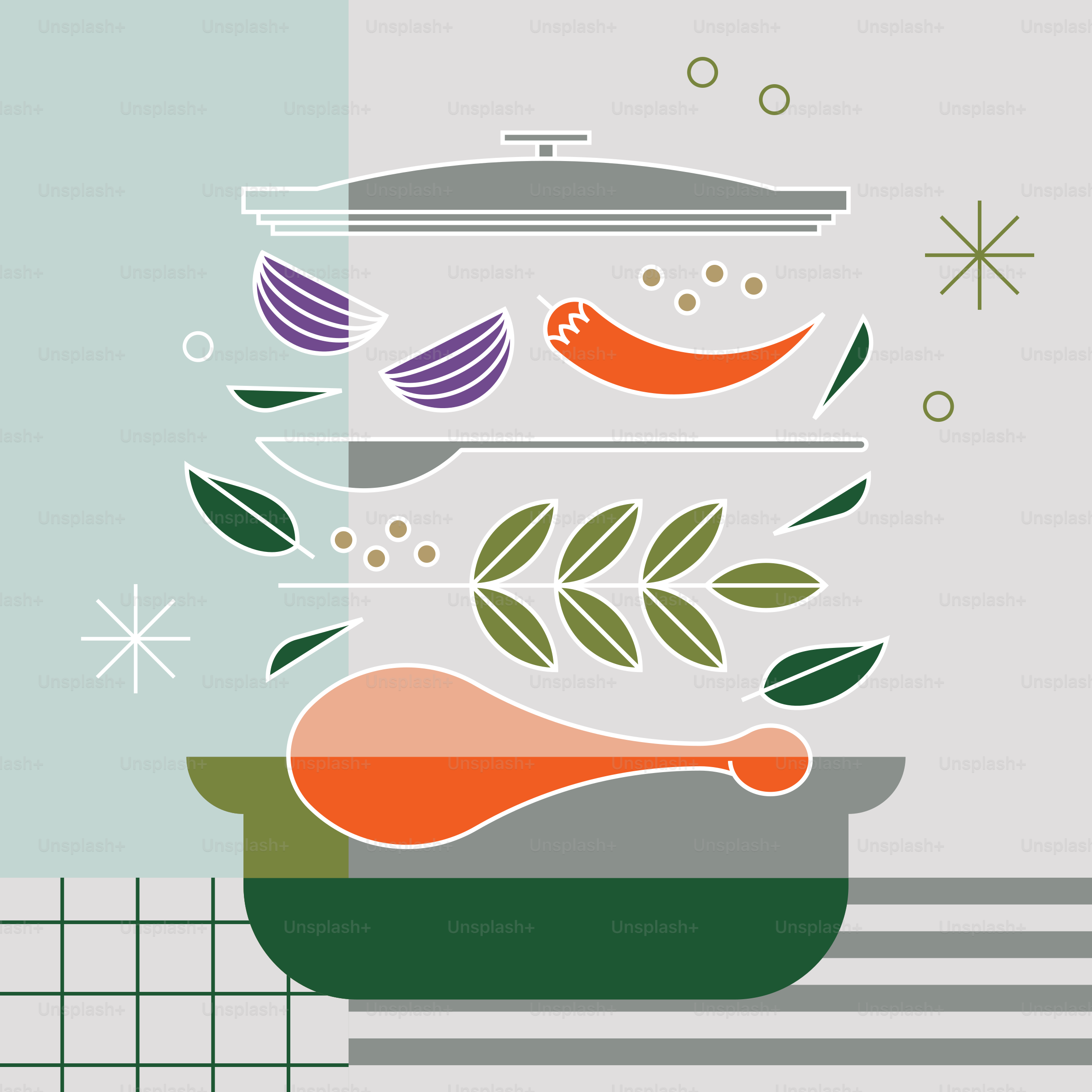 Ingredients floating above a pot with chicken leg.