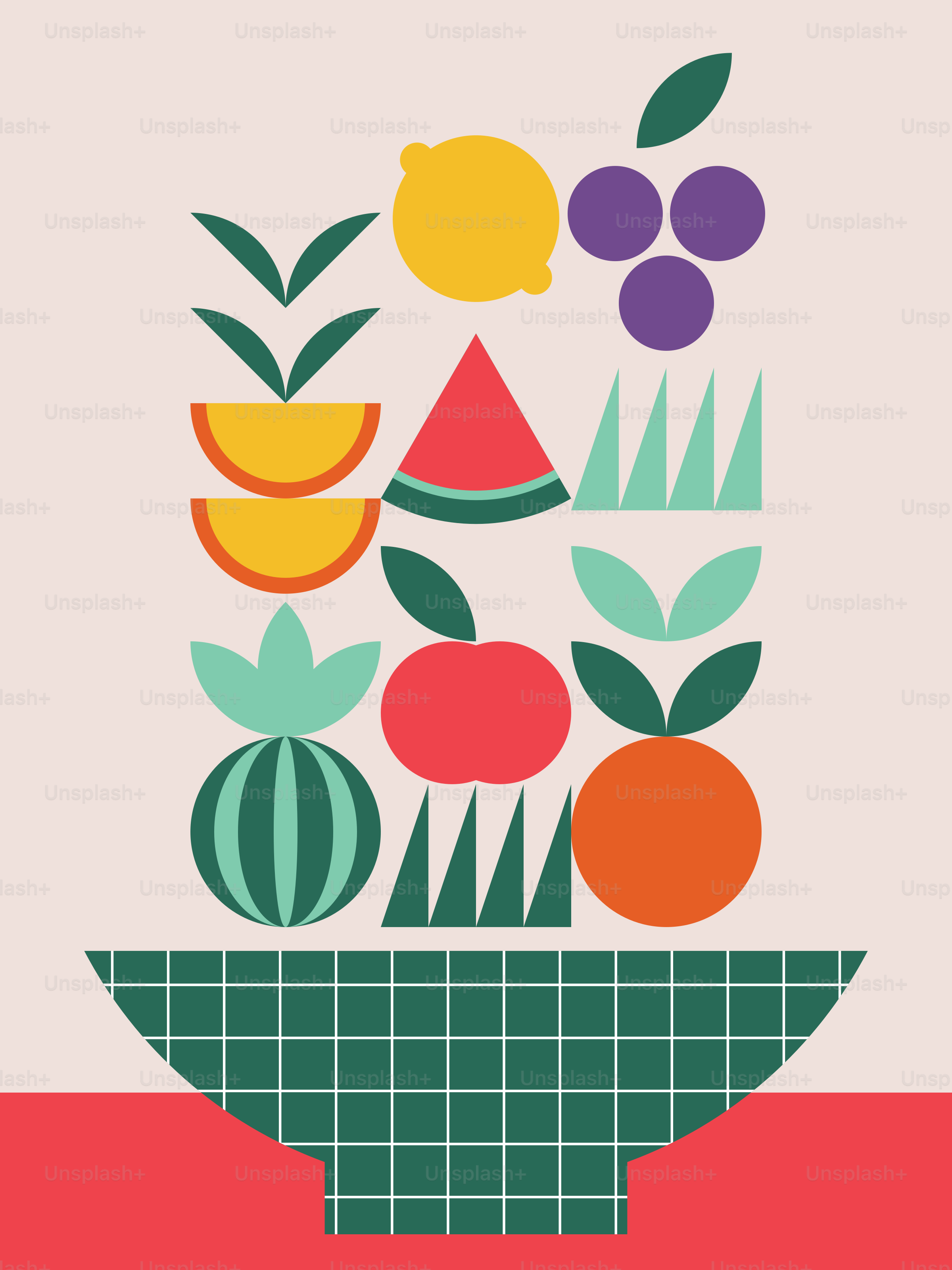 Stylized arrangement of colorful fruits and leaves in a basket.