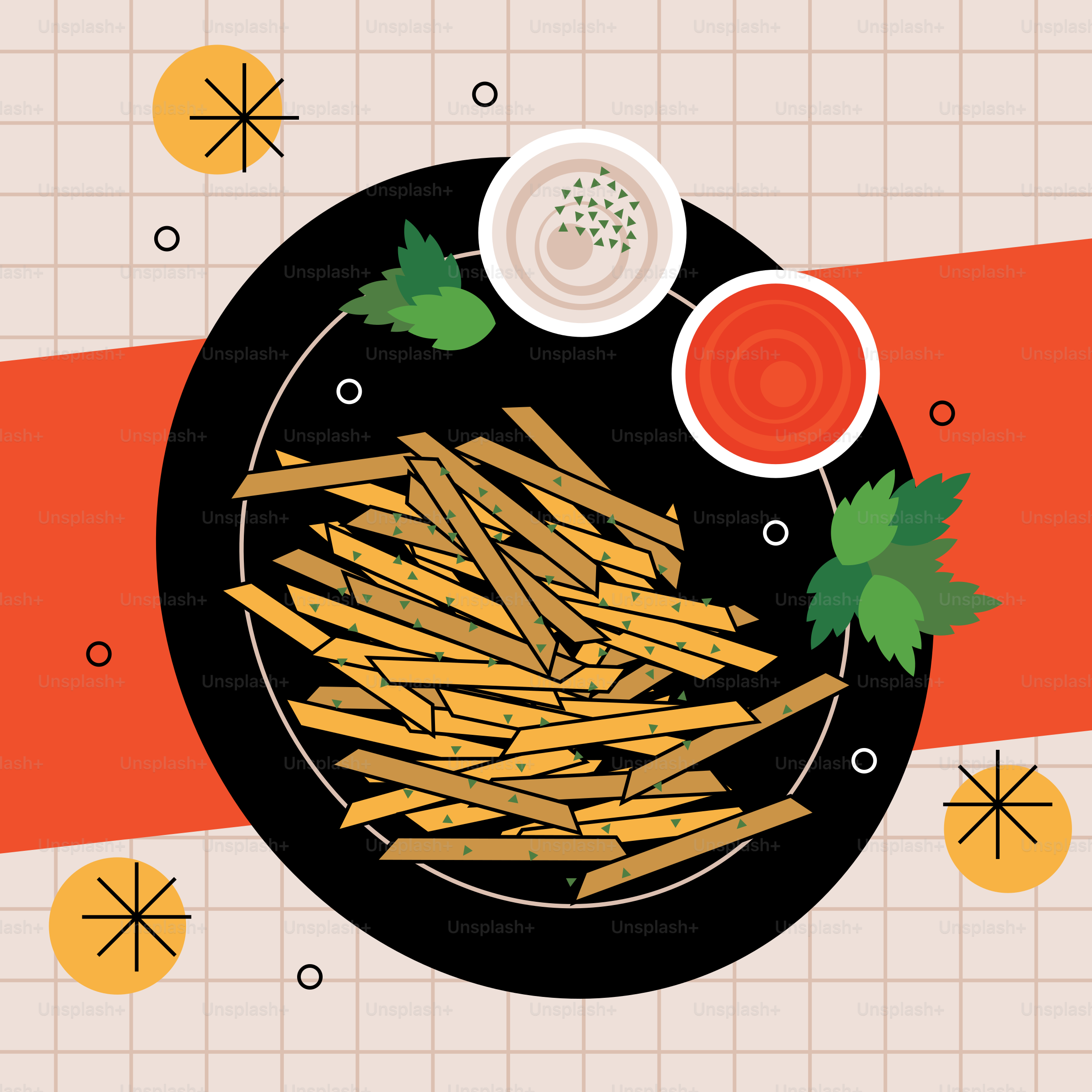 French fries with ketchup and dip on plate.