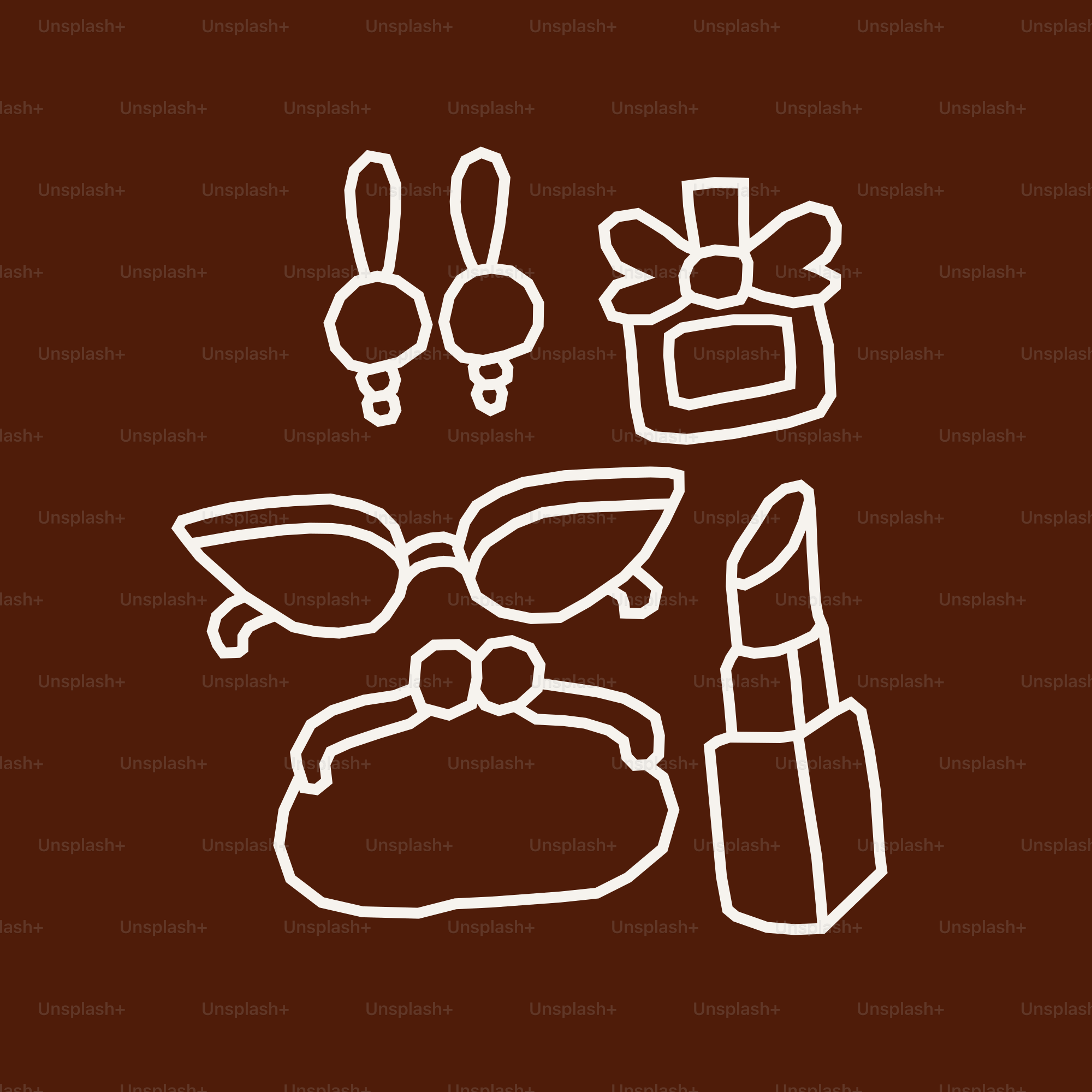 Fashion accessories including earrings, sunglasses, lipstick, and purse.