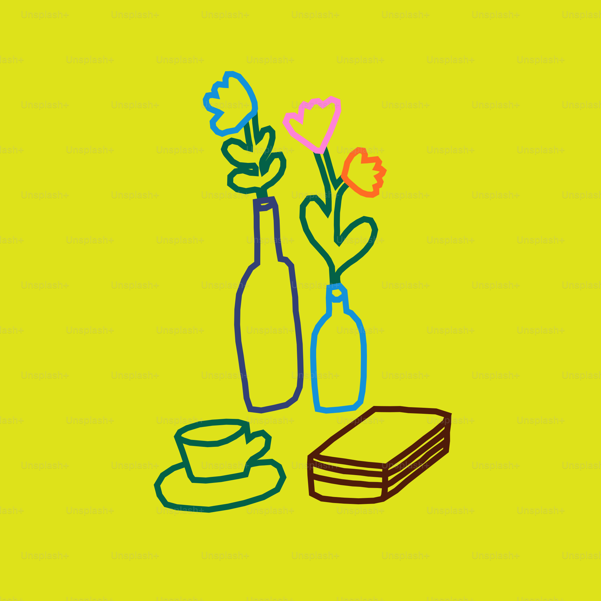 Two vases with flowers, cup, and book on yellow background