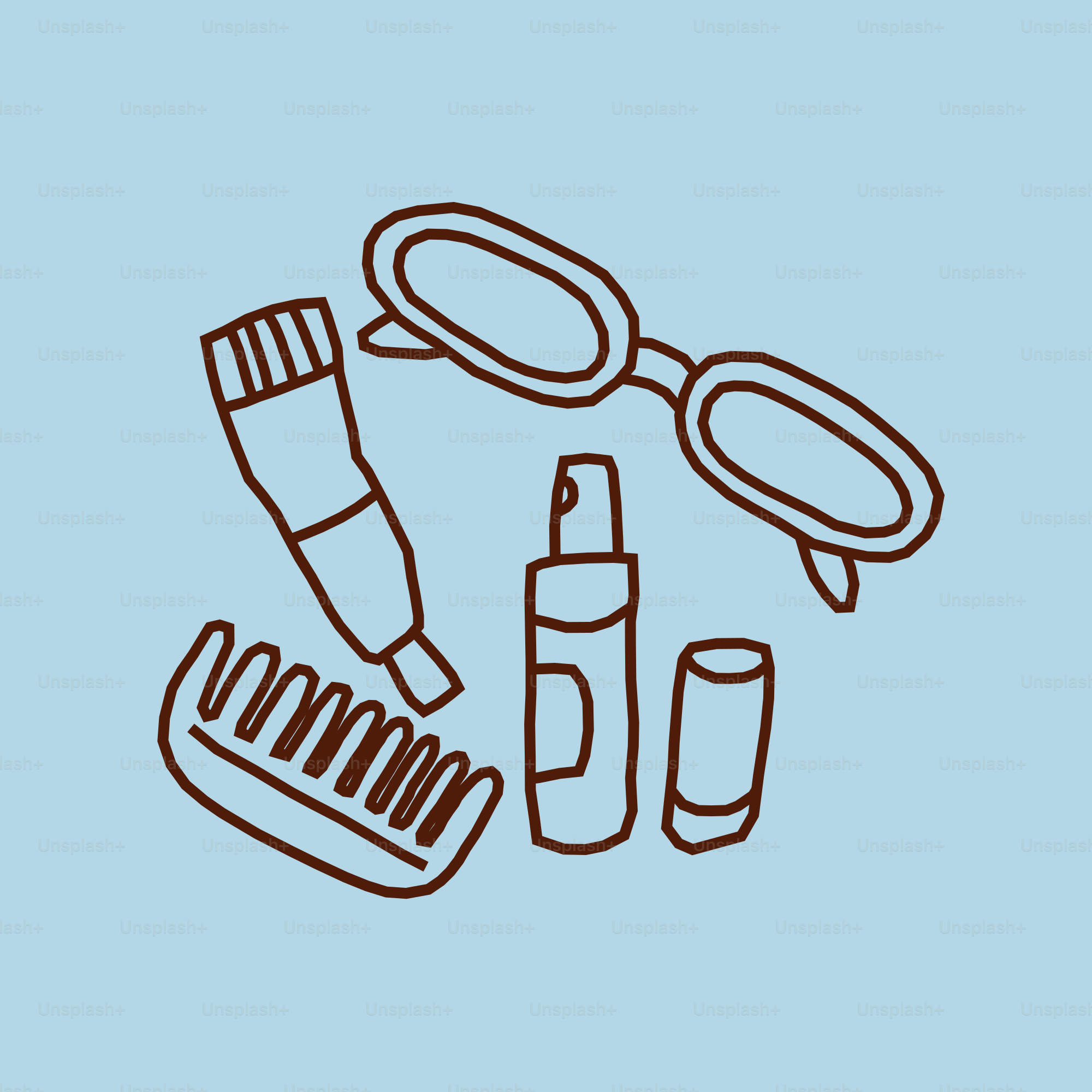A comb, sunglasses, and toiletries on a blue background