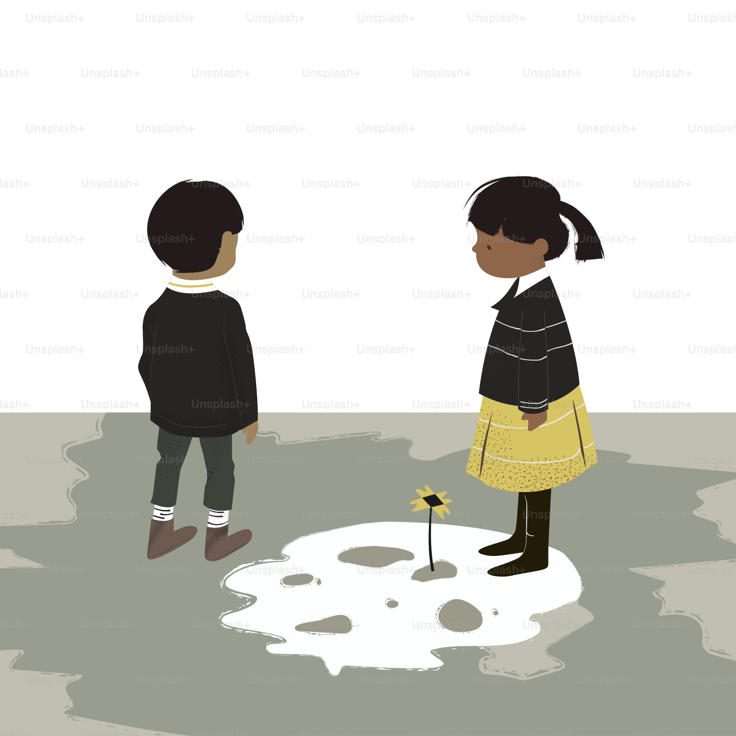 Two children look at a single sunflower in a puddle.