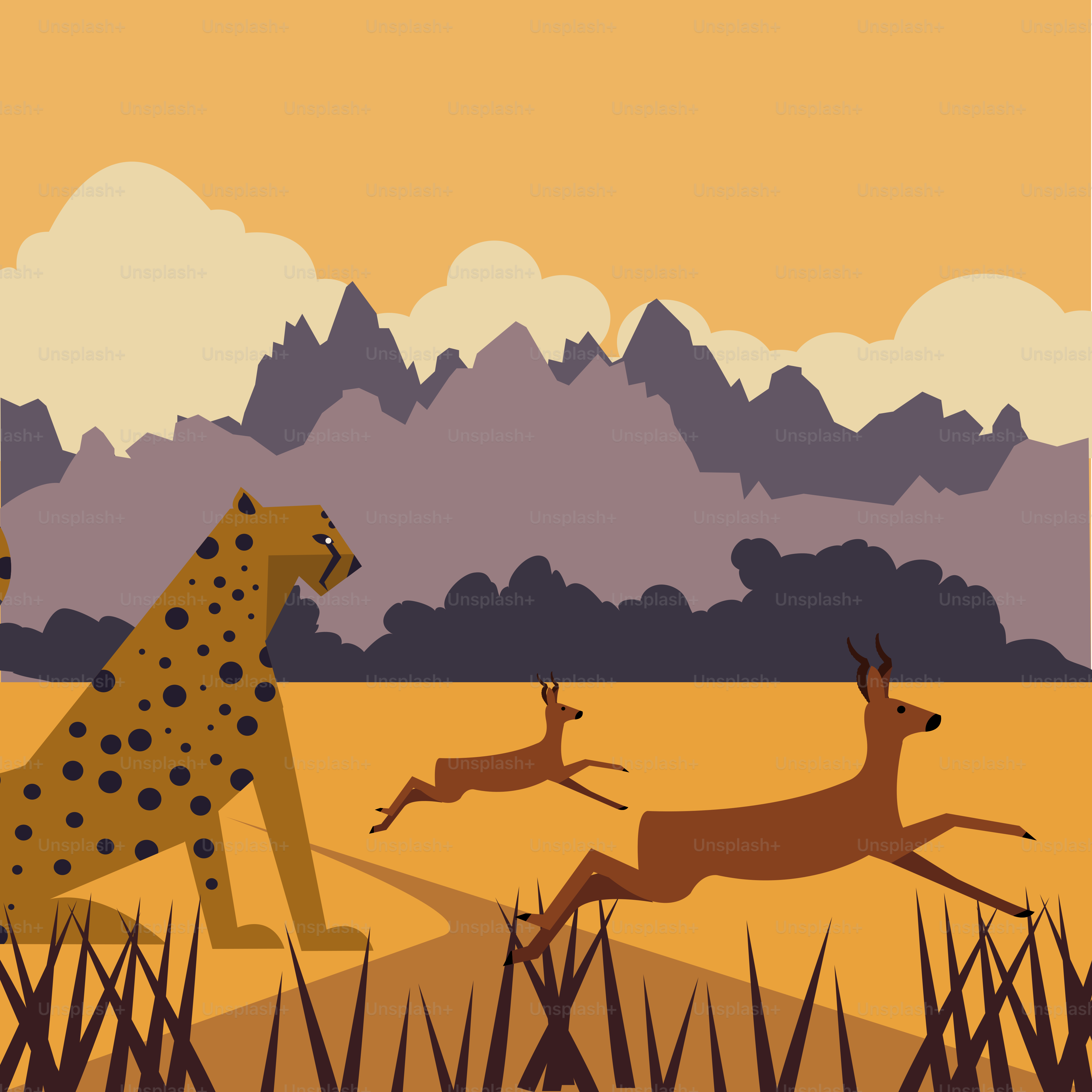 Cheetah hunts antelopes in a savanna landscape.