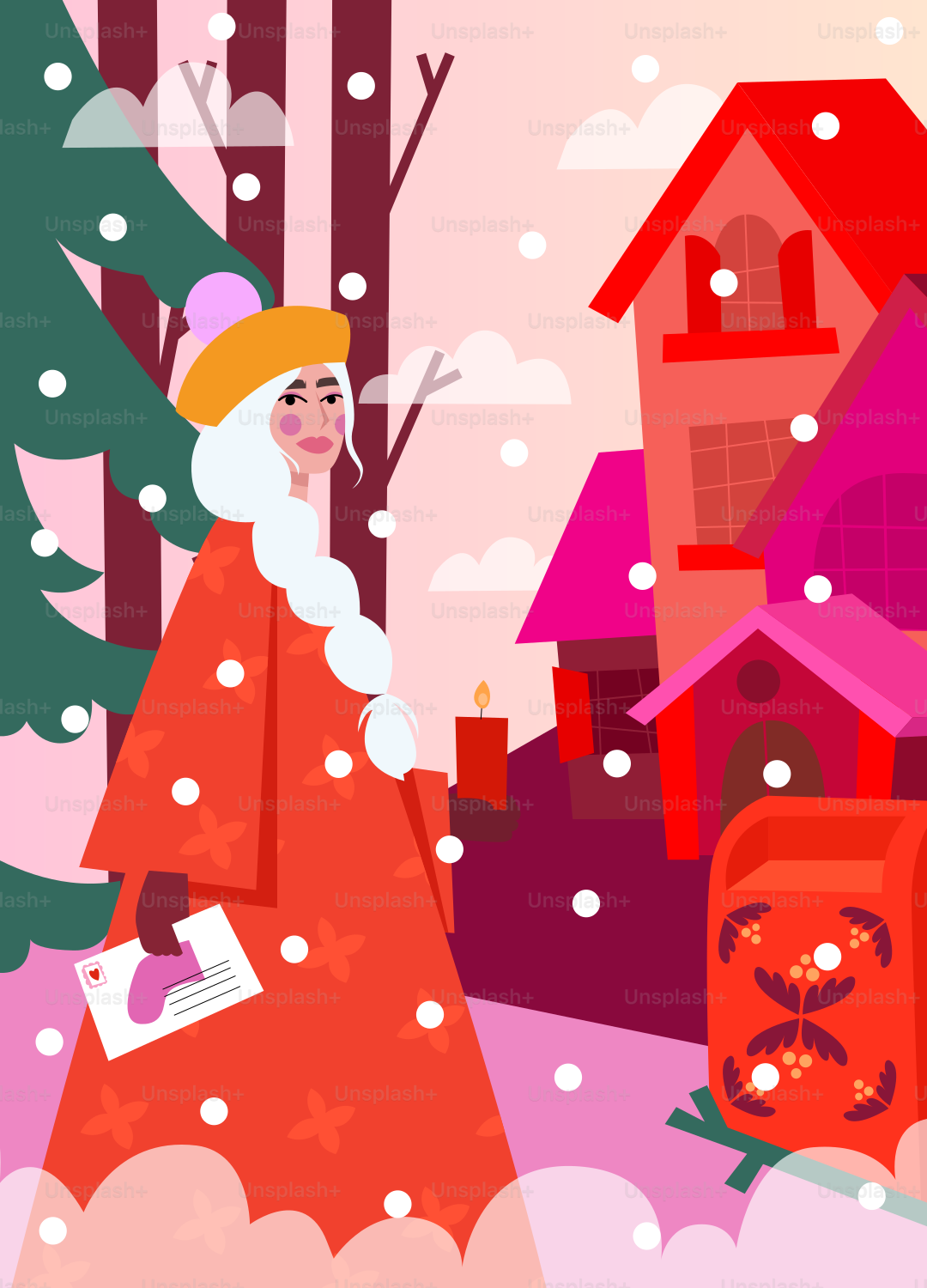 Woman in red coat holding letter in snowy village