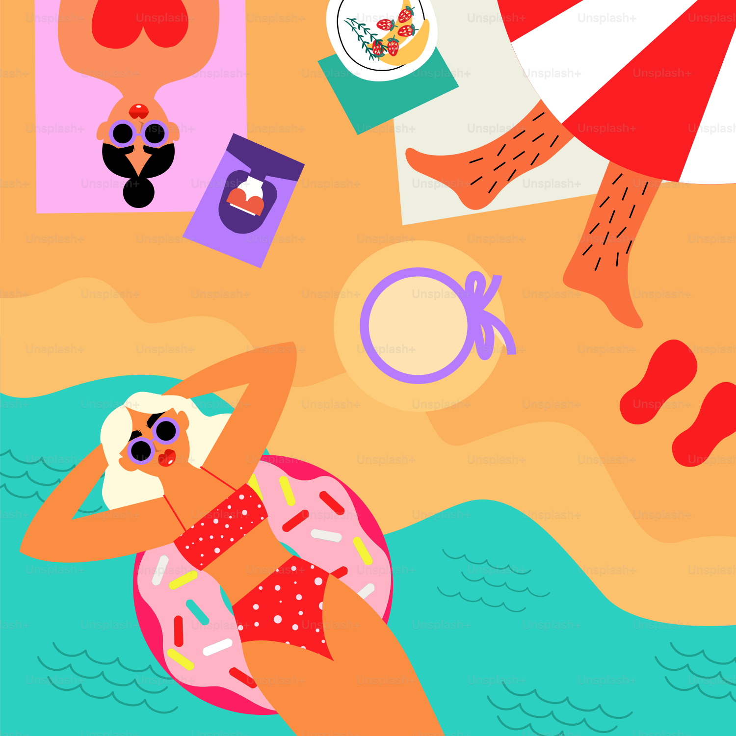 People relaxing on a sunny beach with colorful accessories