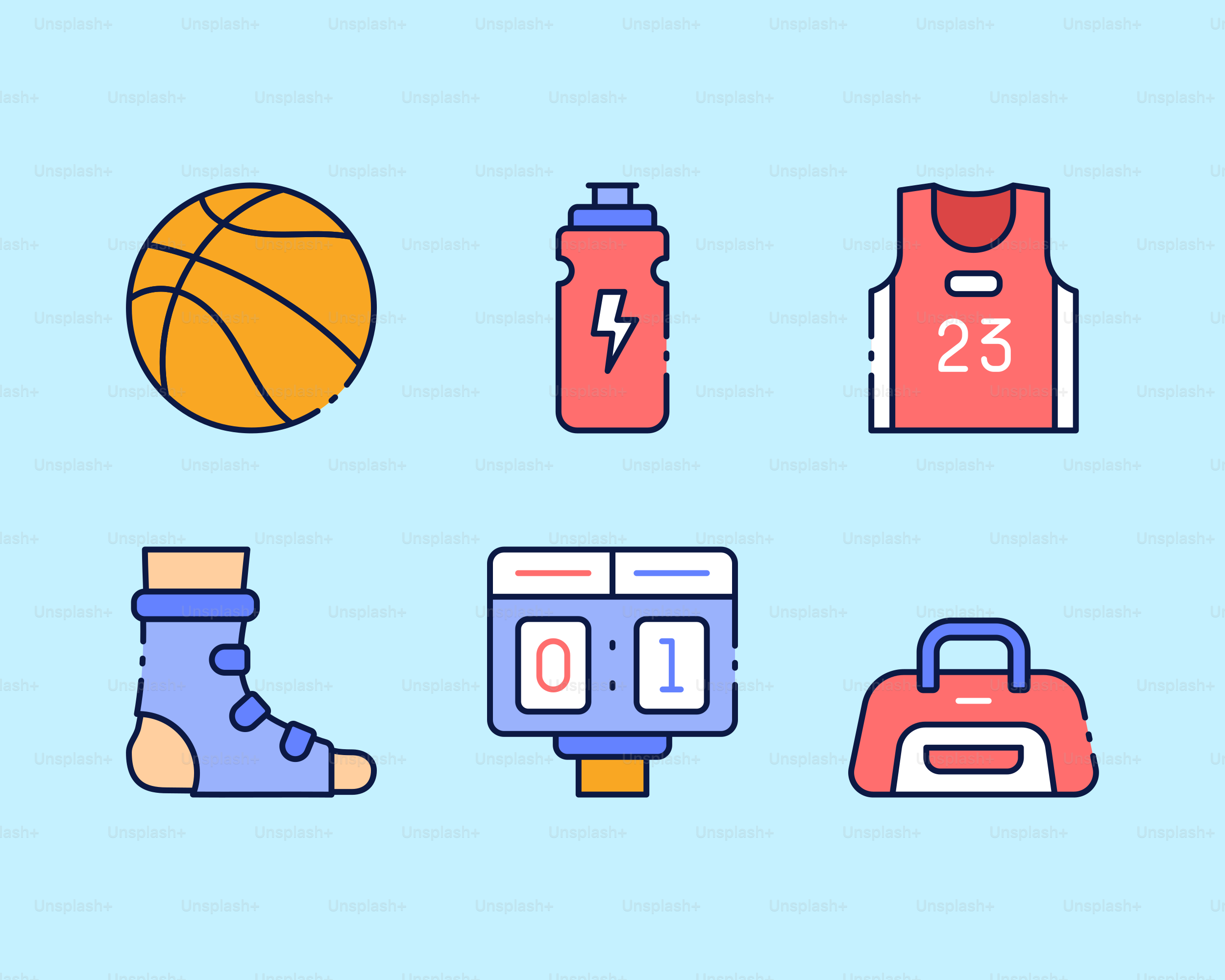 Basketball equipment including ball, jersey, and ankle brace.