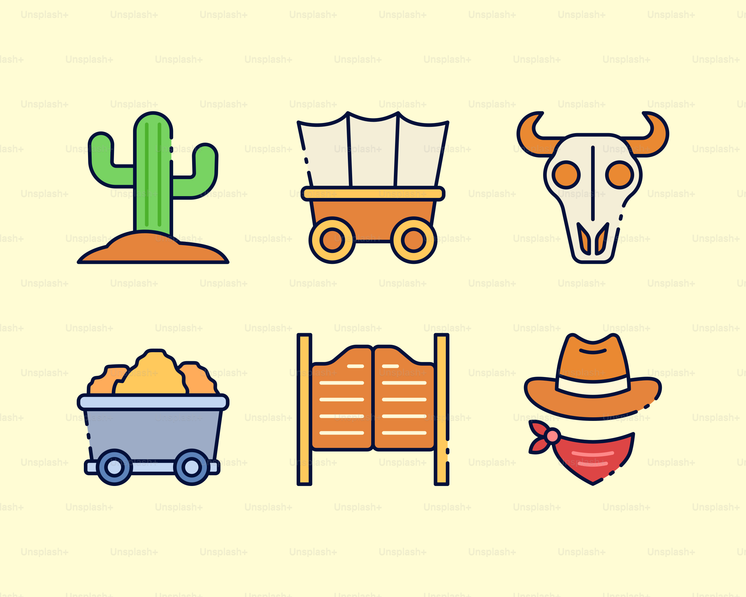 Western-Ikonen: Kaktus, Wagen, Totenschädel, Bergbauwagen, Saloontüren, Cowboyhut