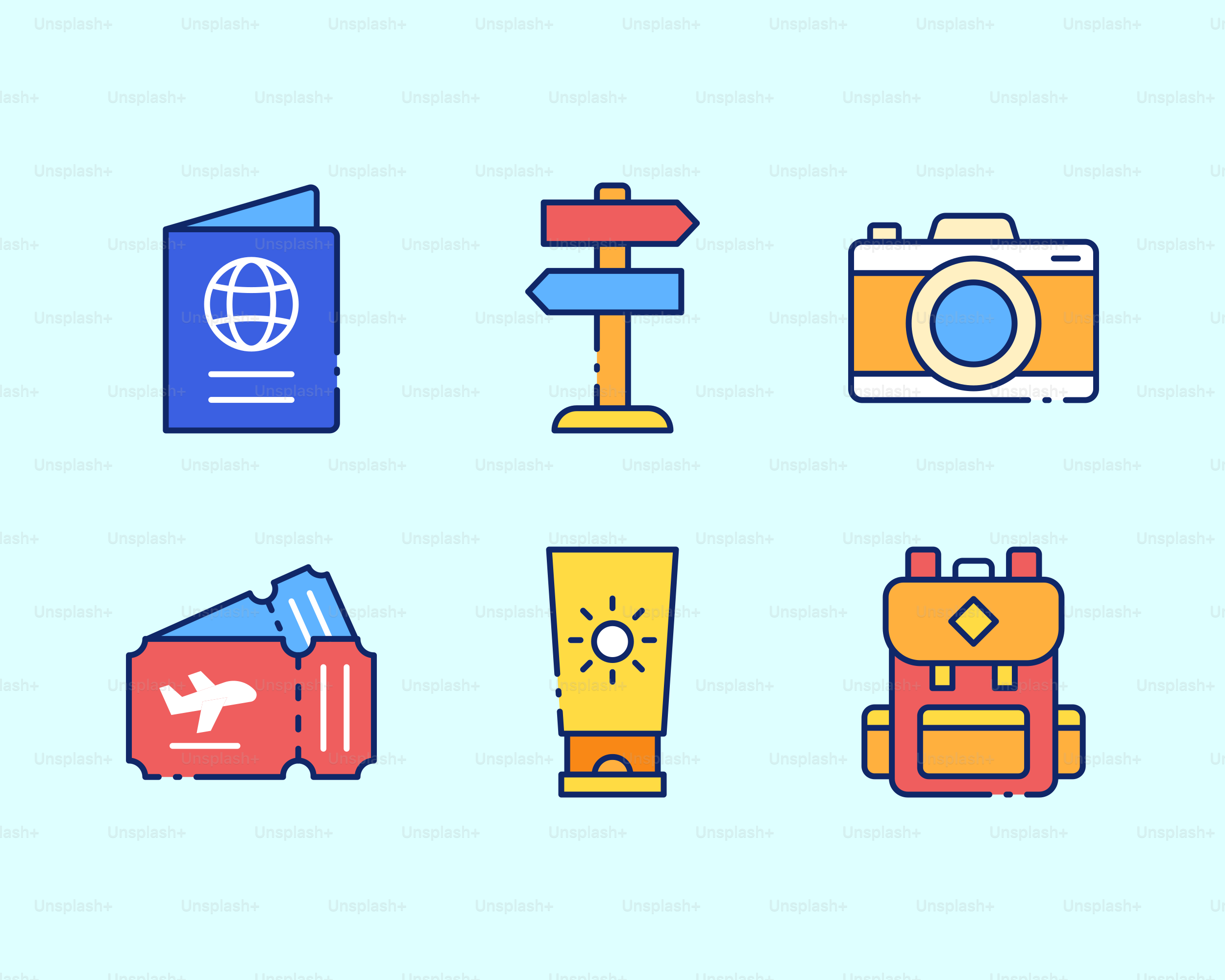 Travel icons: passport, signs, camera, tickets, sunscreen, backpack