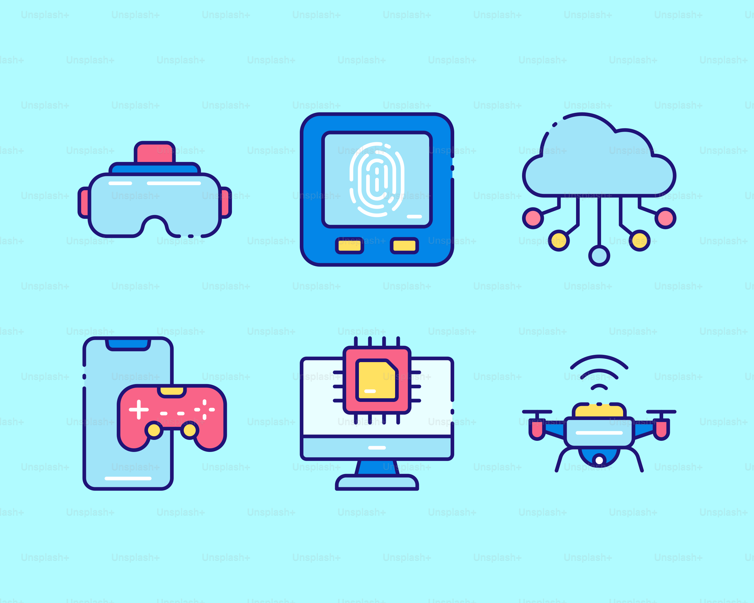 Ícones tecnológicos: VR, impressão digital, nuvem, jogos, computador, drone.