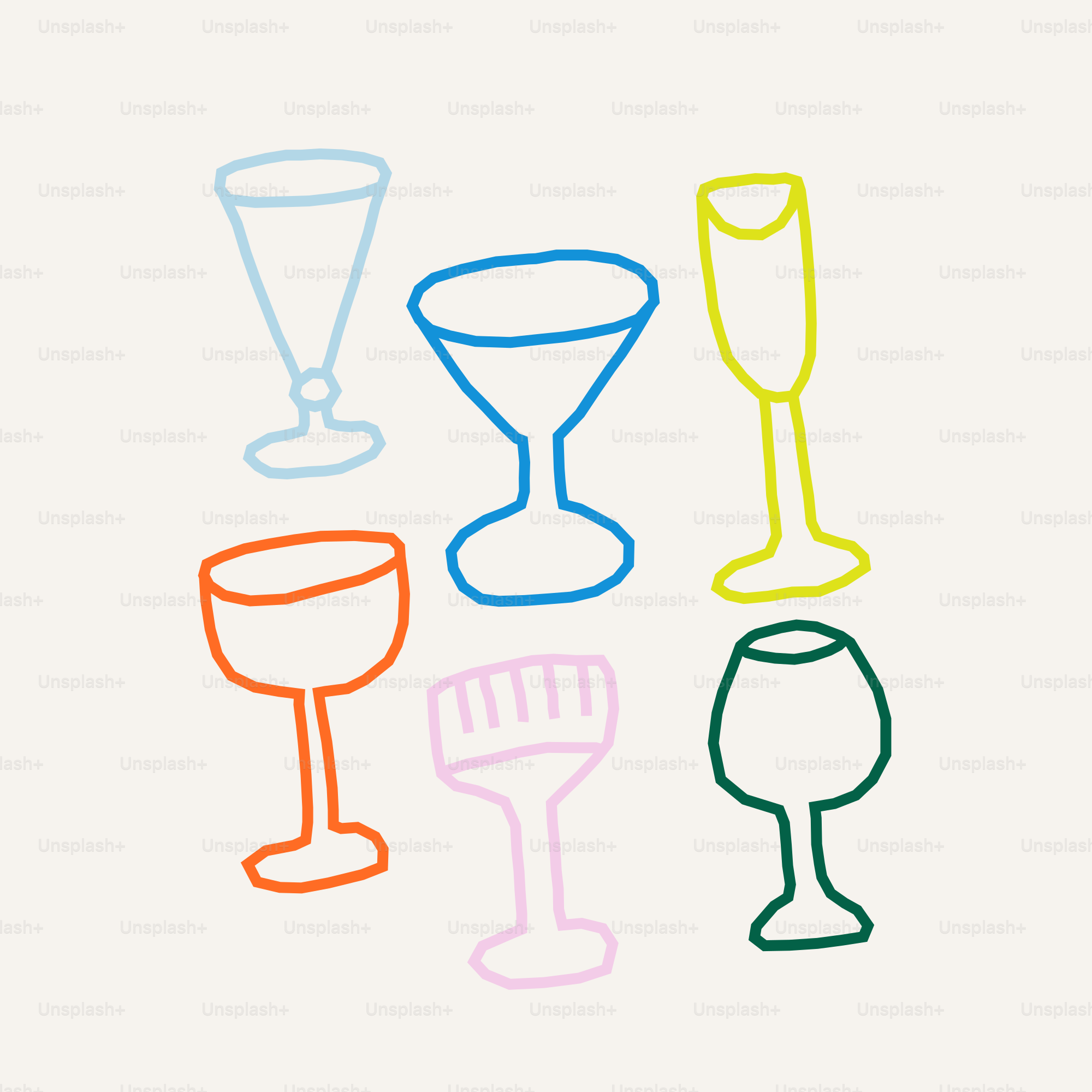 Six colorful outline drawings of various drinking glasses