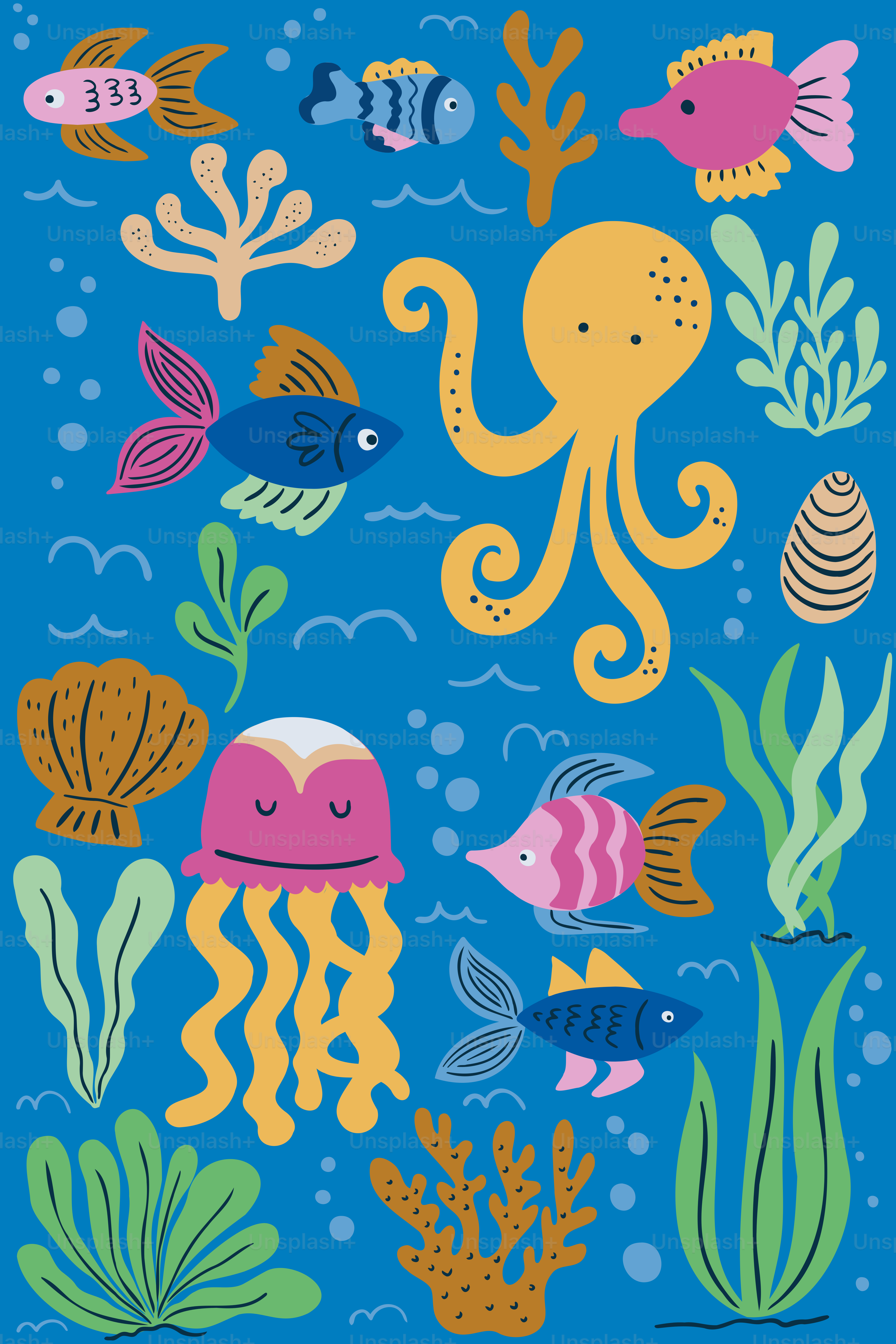 Un fondo azul con un pulpo, peces y algas