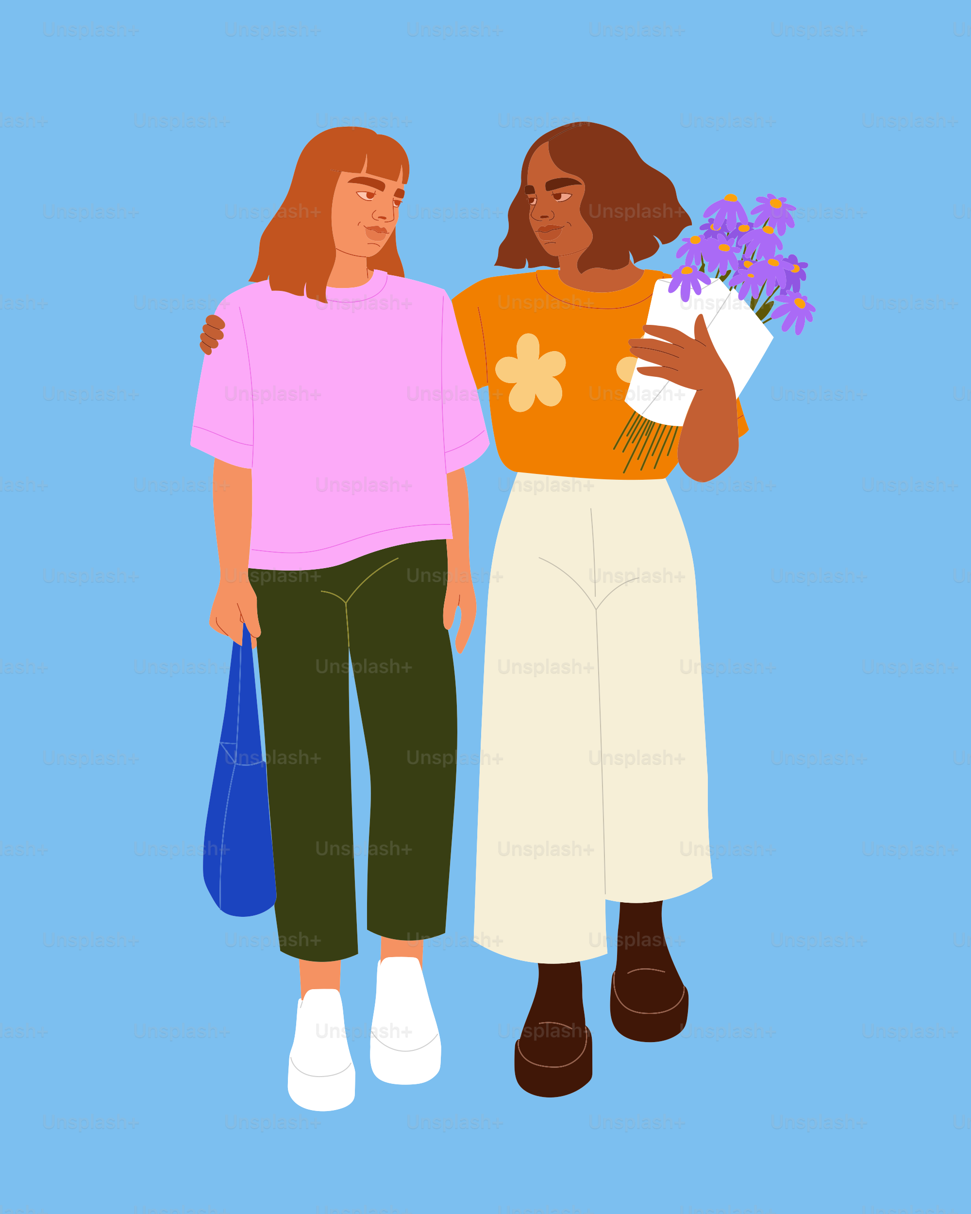 Duas mulheres caminhando juntas com flores