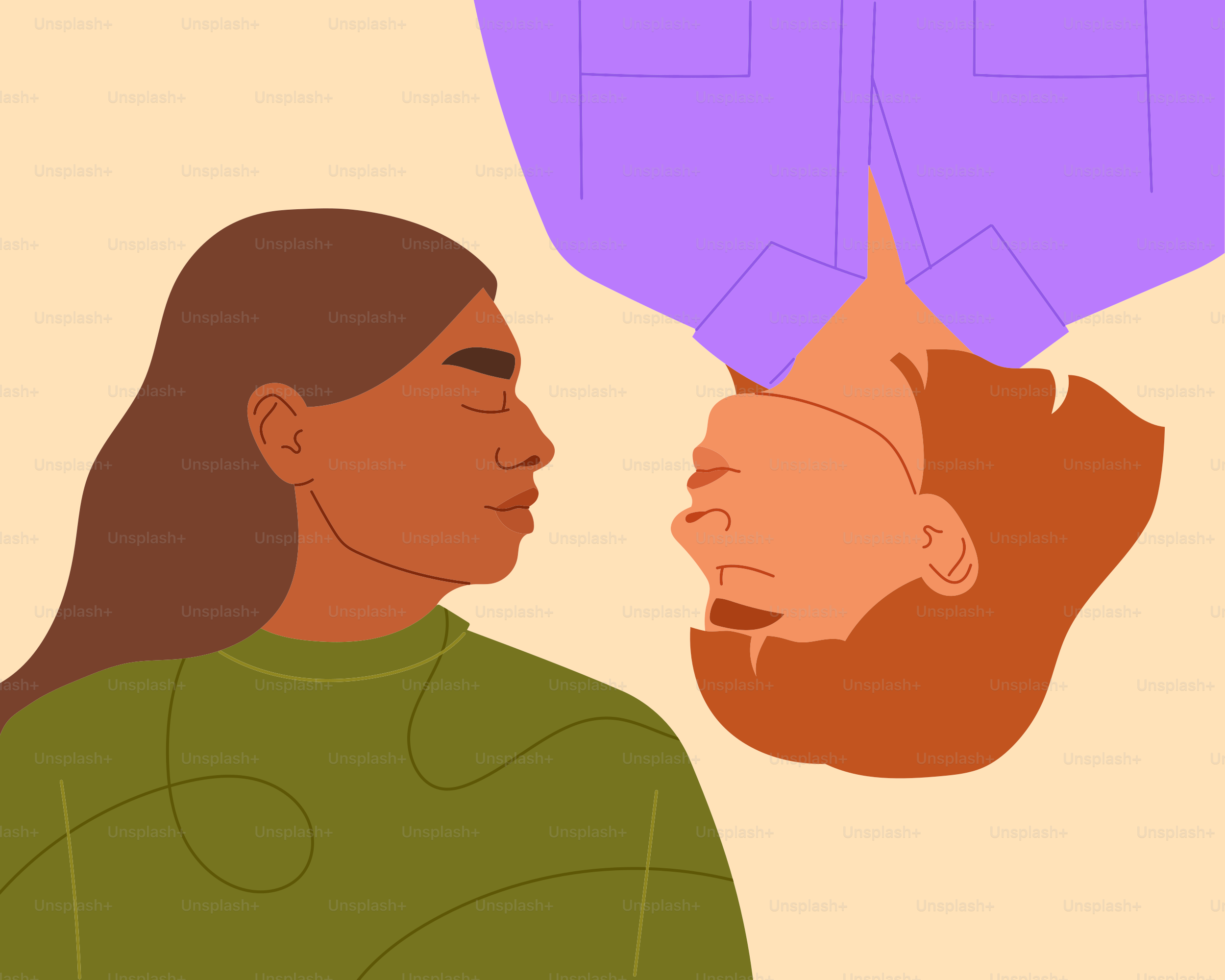 Two people facing each other on a cream background