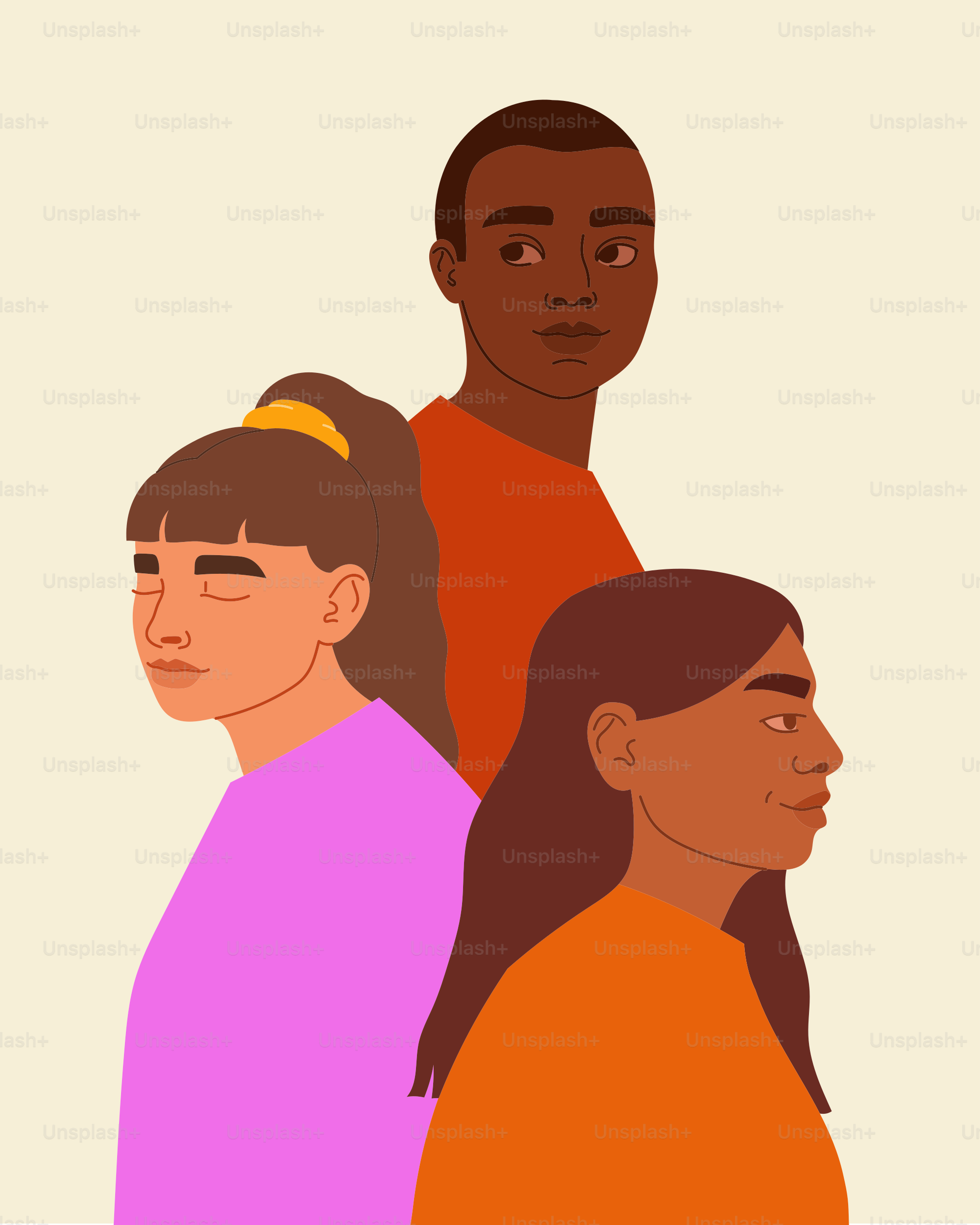 Three people of diverse backgrounds standing together.