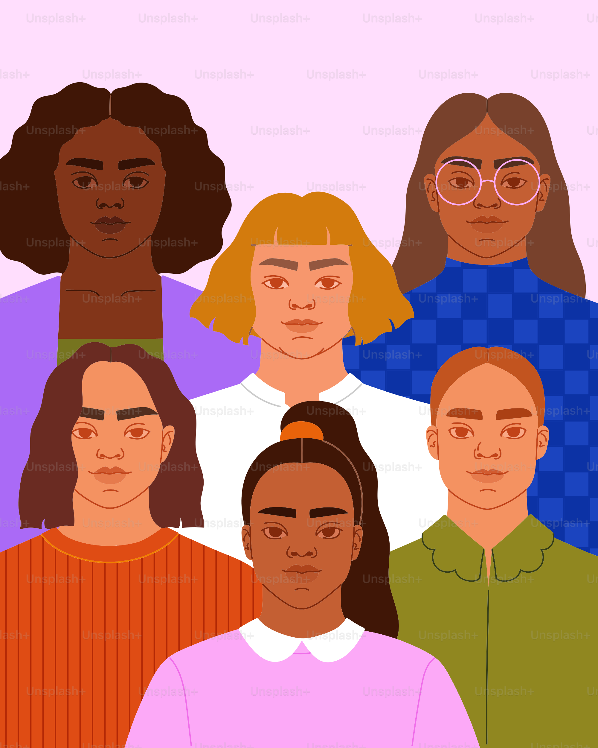 Gruppo vario di donne con acconciature e abiti diversi.